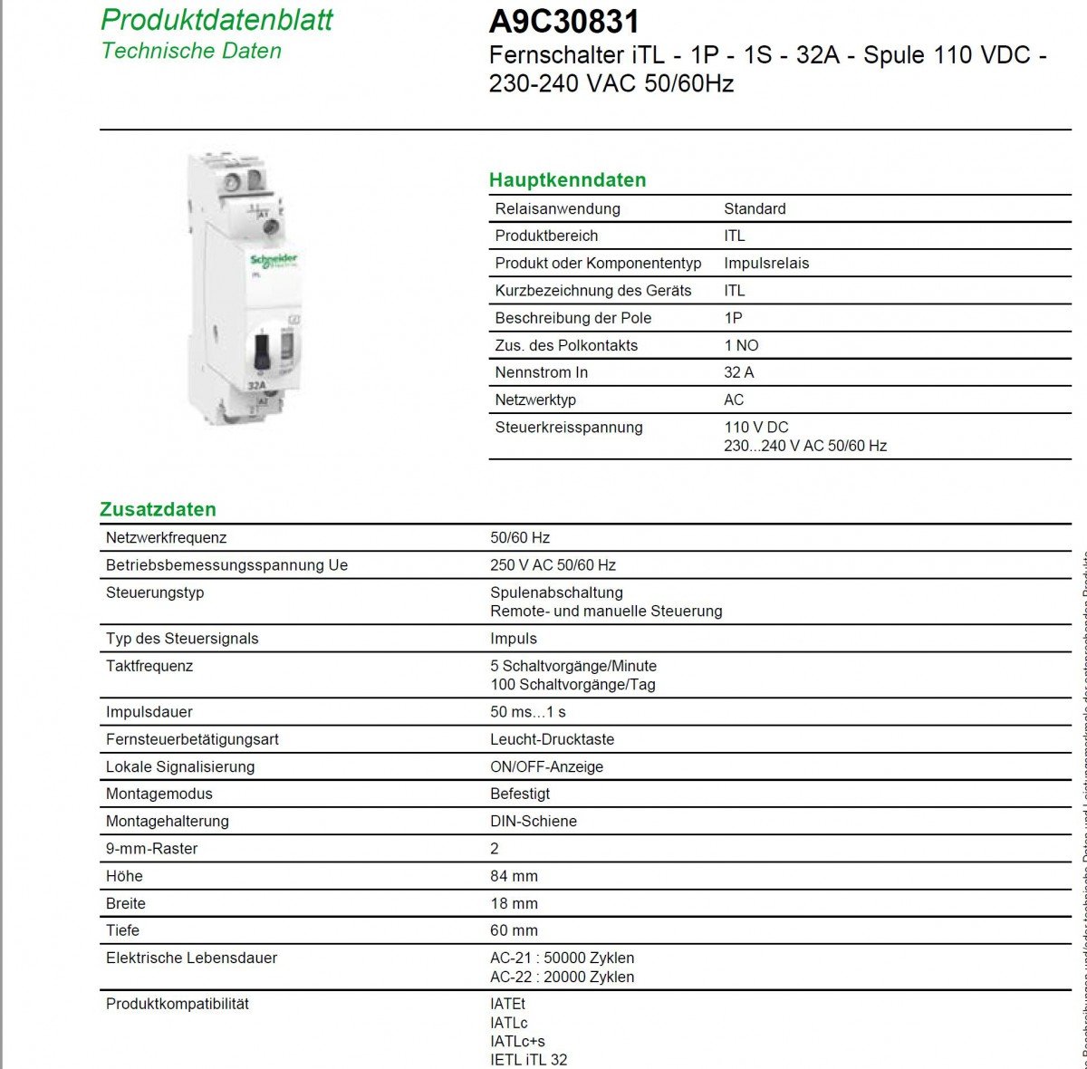 Schneider Electric A9C30831 Fernschalter iTL 1p 1S 32A Spule 110 VDC 230-240 VAC 50/60Hz