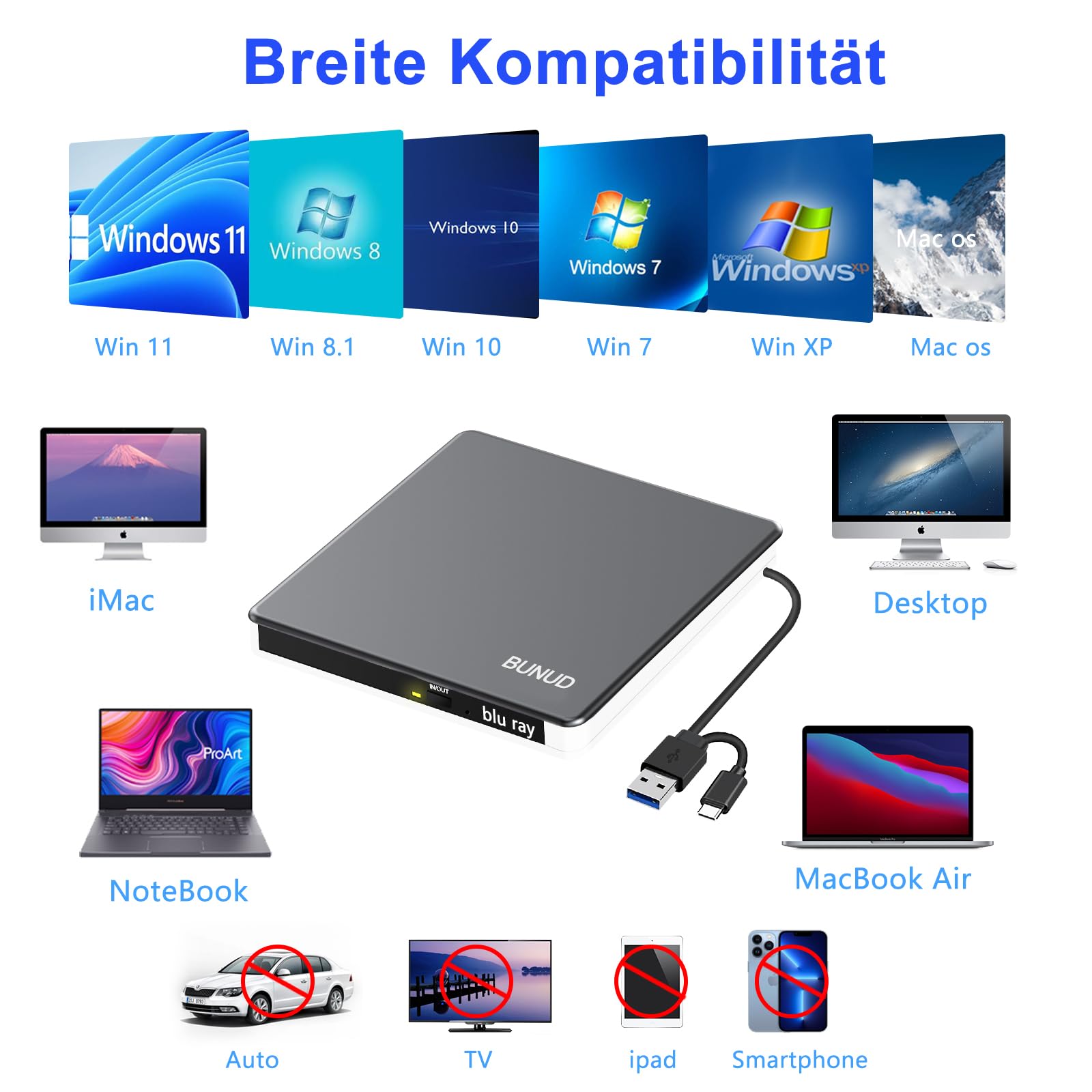 BUNUD Externe Blu Ray CD DVD Laufwerk USB 3.0 Type C Externer CD/DVD Blu-ray Brenner Writer 3D BD Portable Bluray Laufwerk Drive für PC Laptop Windows 11/10 Mac MacBook Pro/Air iMac