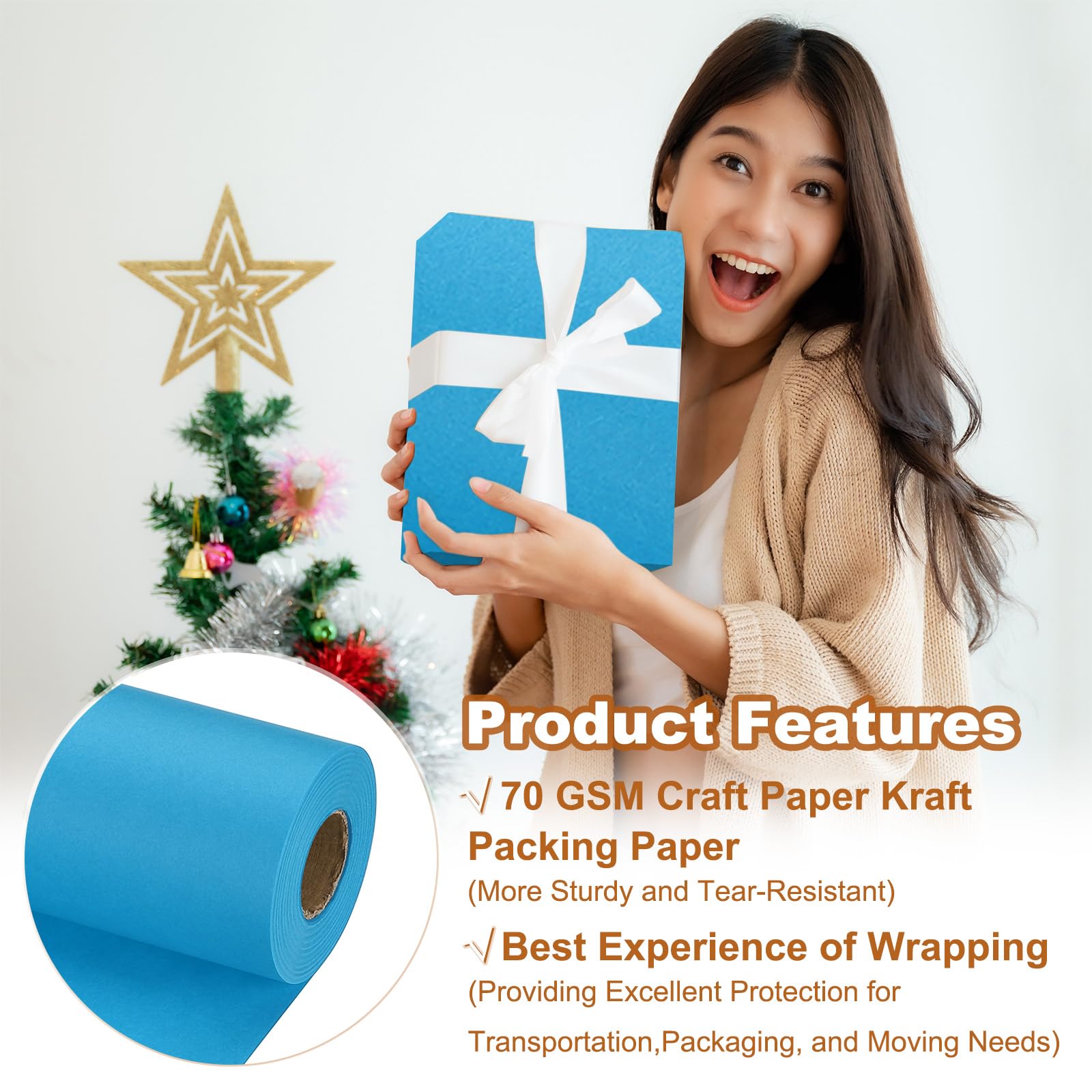 PATIKIL Wrapping Paper, 12" x 800"(66') 70 GSM Craft Paper Roll Kraft Packing Paper for Poster Bulletin Board Gift Wrapping, Light Blue - Image 3