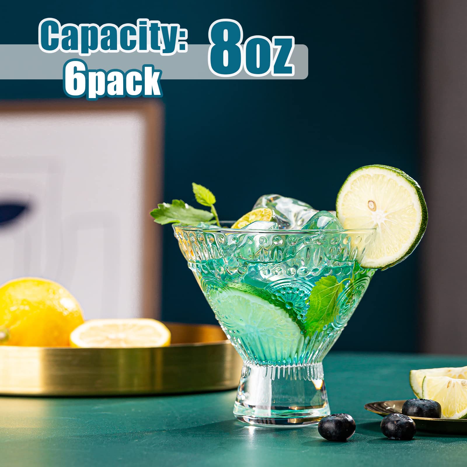 wookgreat Stemless Martini Glasses, Set of 6 Vintage Cocktail Glasses, 8oz Crystal Margarita Glasses, Heavy Base Glassware for Martini, Cocktail, Margarita, Cosmopolitan, Pisco Sour, Brandy, Manhattan