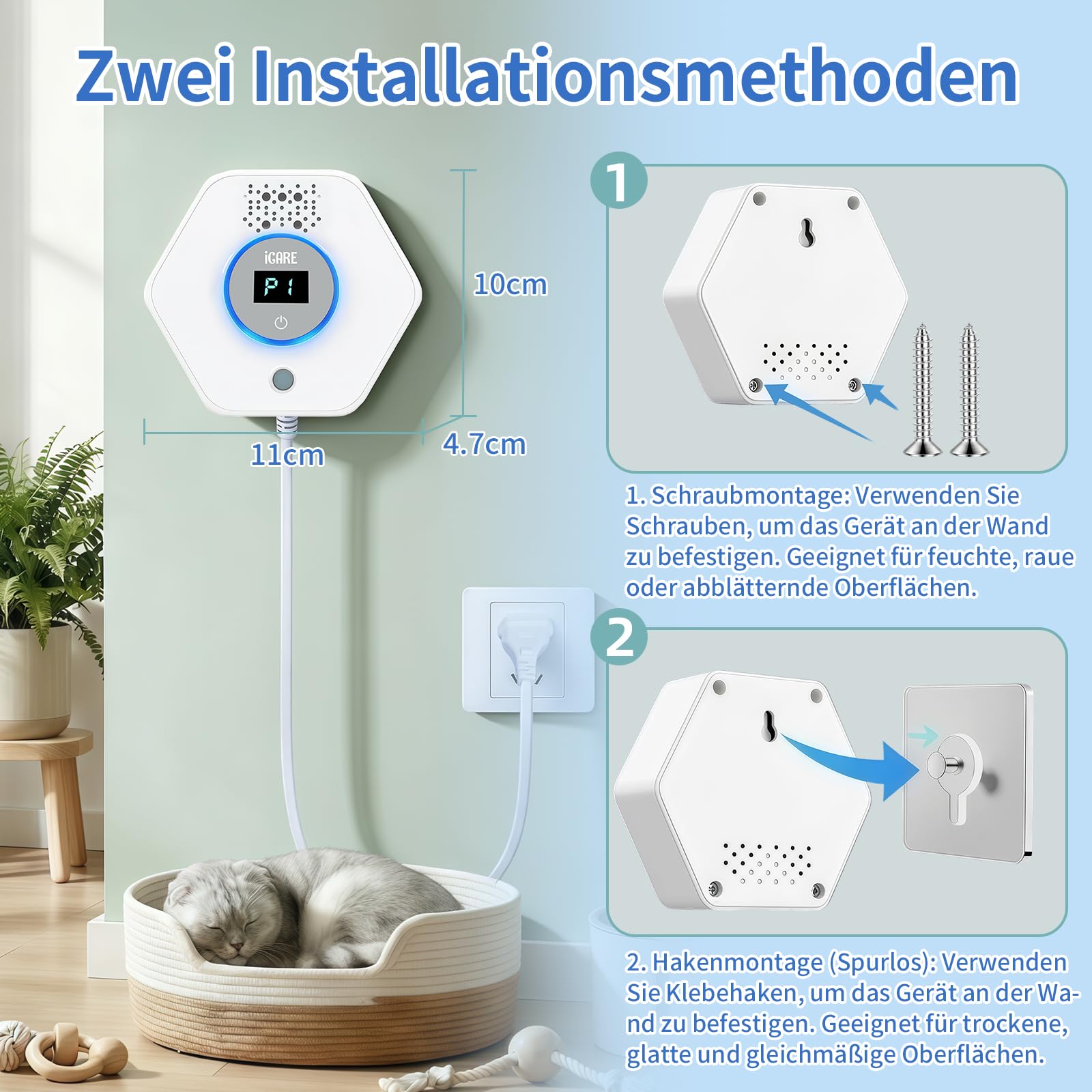 Katzenstreu Geruchsbeseitiger, Ozon & Negative Ion Cat Odor Eliminator mit Sensor Monitor, Katzentoiletten Desodorierer mit 3 Led Licht Modi, Lufterfrischer, Effektiver Luftreiniger Für Haustiergerüc