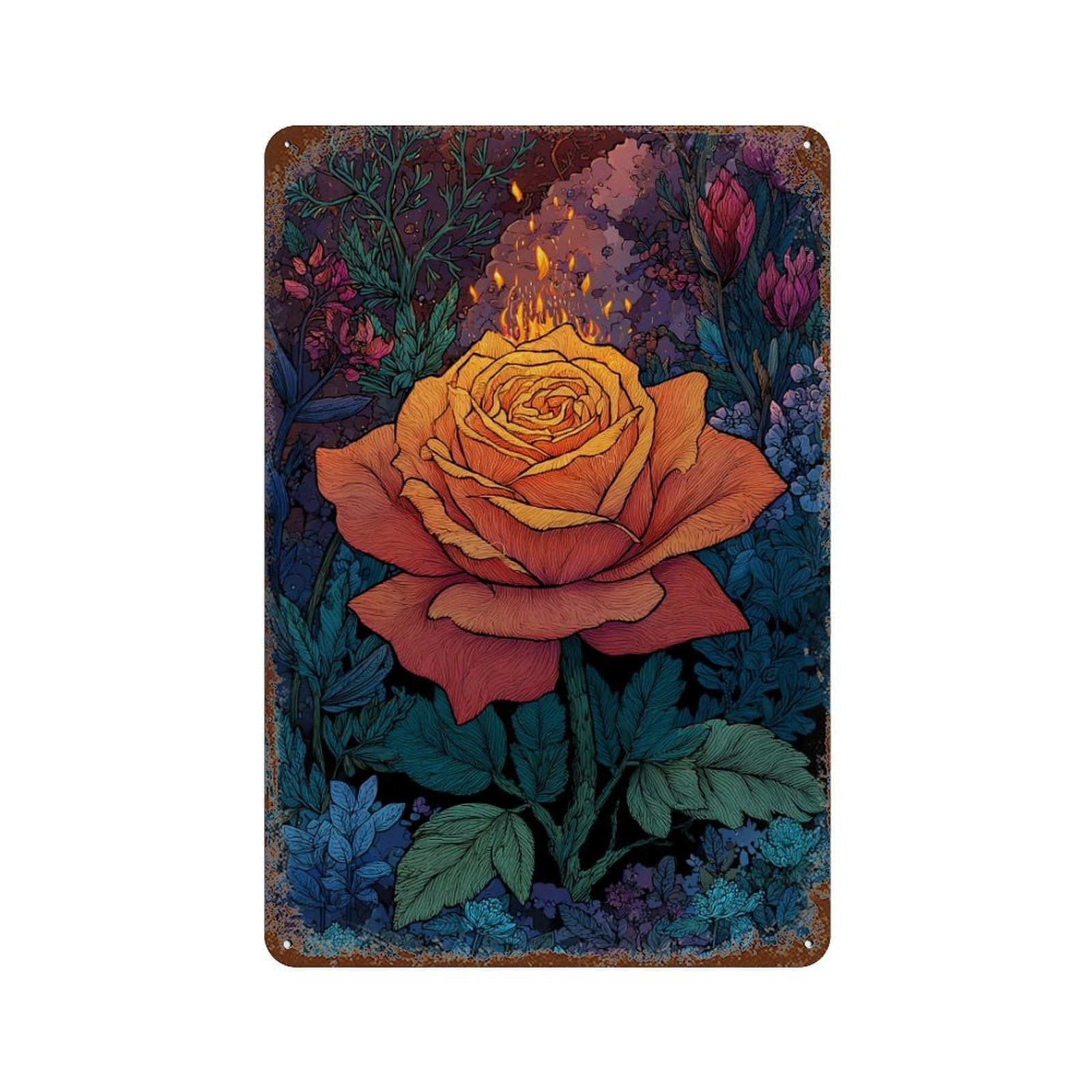 Flaming Rose Garden Art Print Distressed Metal Wall Sign 11.8"x7.9", for Basement, Hobby Room And Garage Decor, Shabby Chic Decor