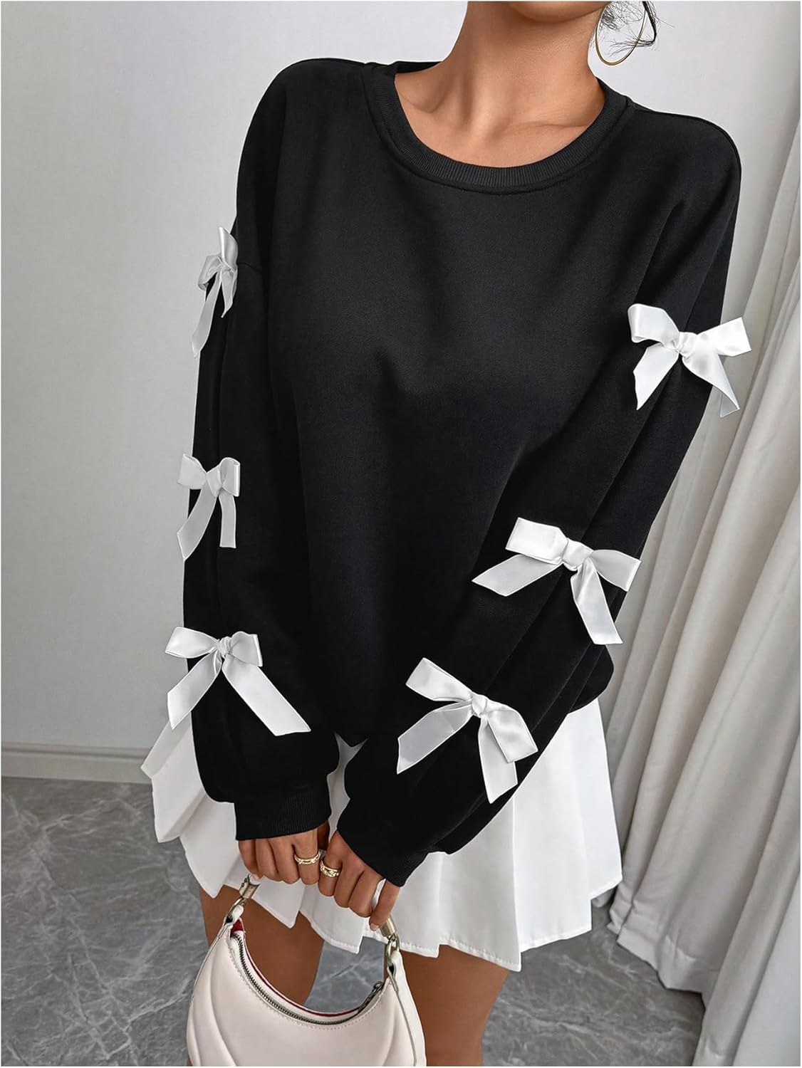 GORGLITTER Women's Bow Crewneck Sweatshirt Long Sleeve Drop Shoulder Coquette Pullover Sweatshirts Top - Image 3