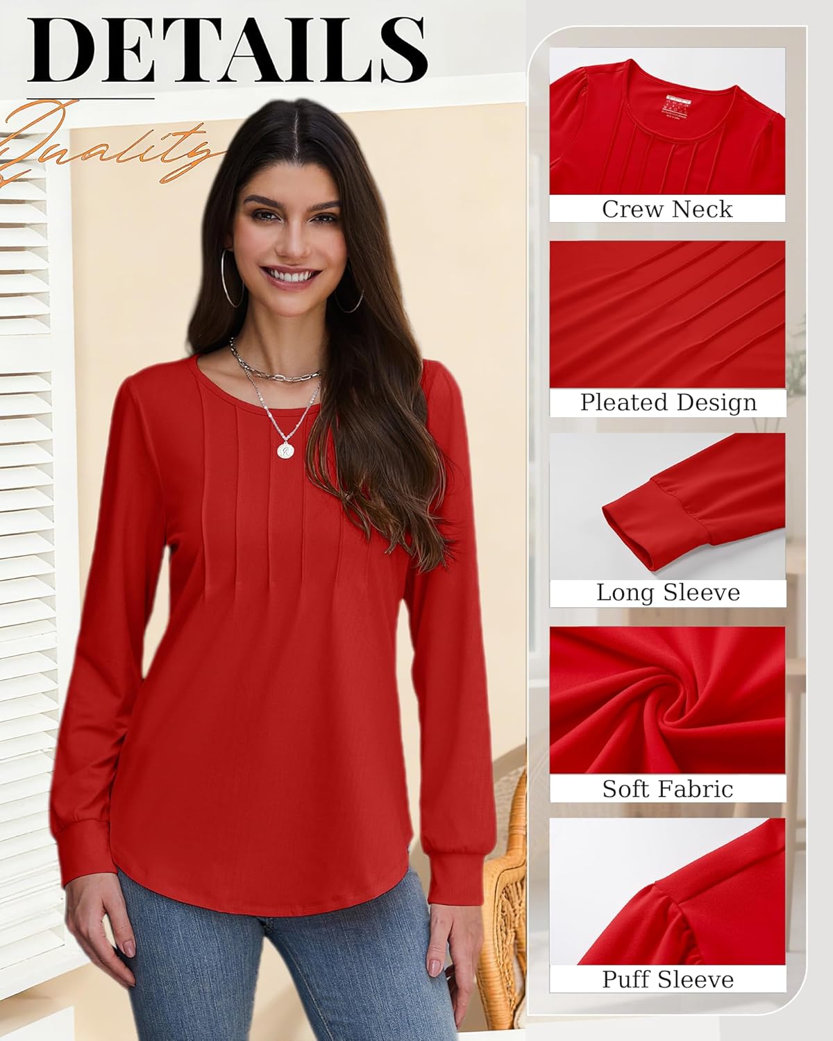 YUCOLEN Long Puff Sleeve Shirts for Women Pleated Crew Neck Tunic Tops Blouses Dressy Casual Fall Tops - Image 4