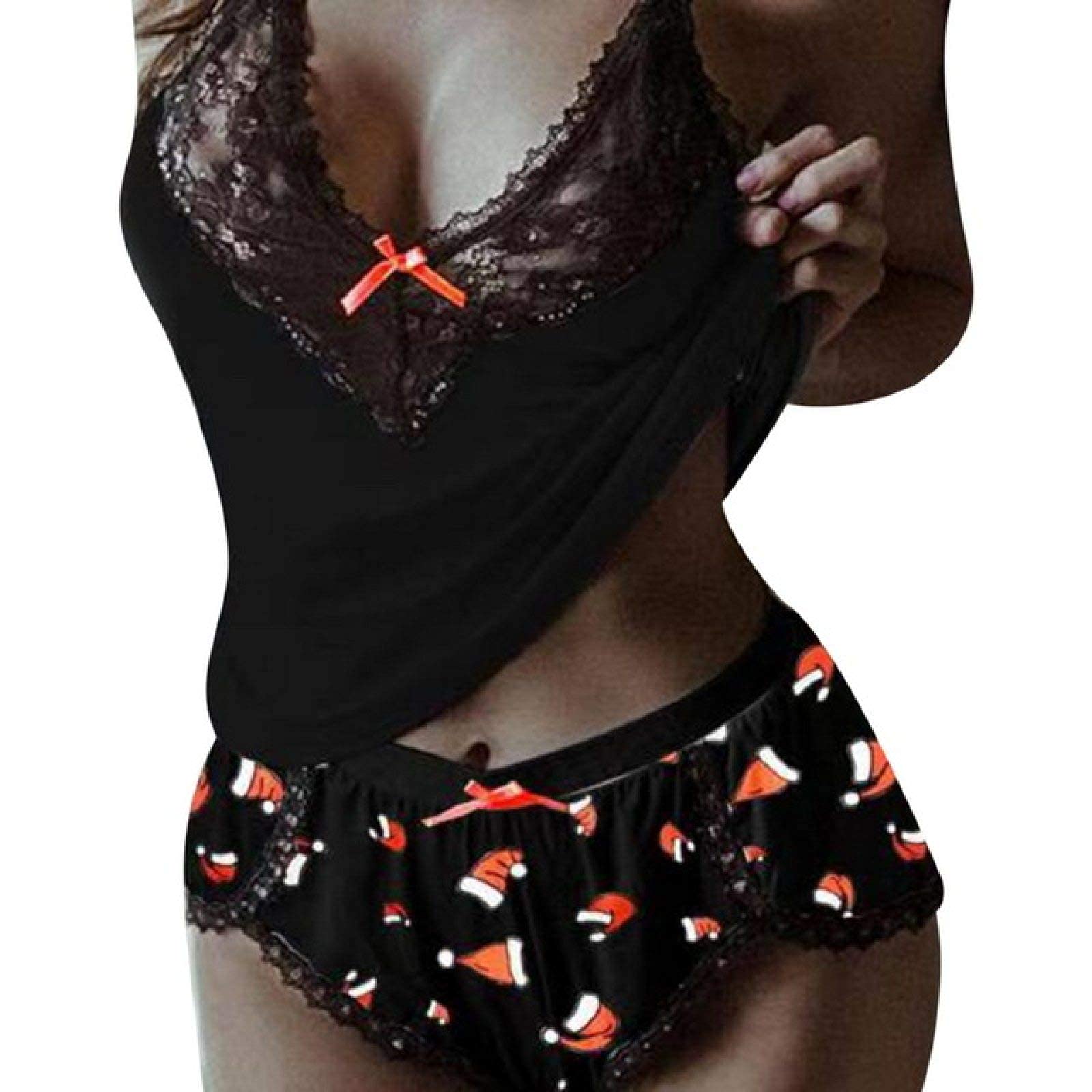 Pyjama court pour femmes avec sangle sans manches et dentelle douce