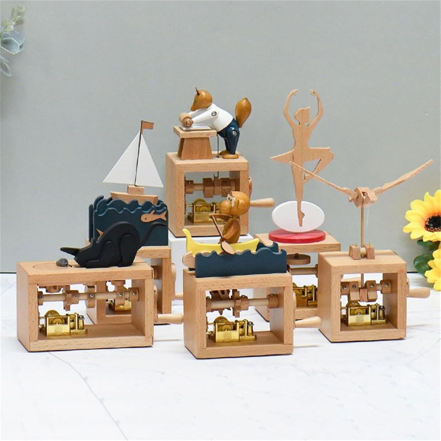 Handcrafts Wood Music Box with Detailed Carvings and Soothings Tune Hand Cranked Musical Ornament for Desktop Decoration