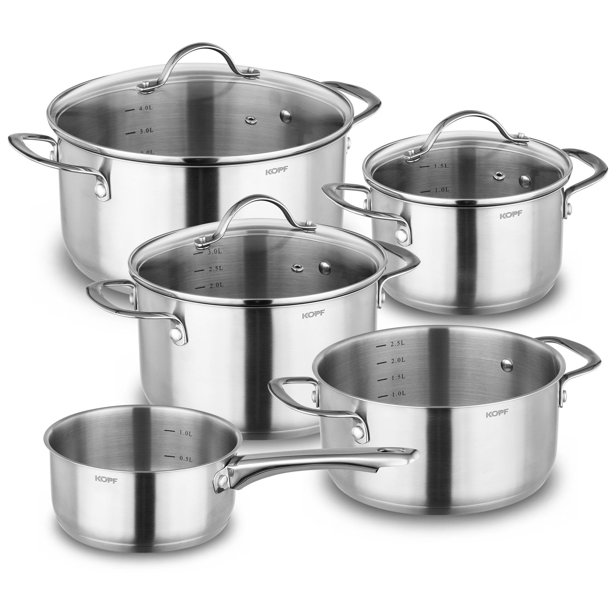 KOPF Topfset Induktion Clara 8-teiliges Kochtopf Set mit Edelstahl Töpfe | Backofen & Spülmaschinen geeignet | Topf Set für alle Herdarten | 4 Kochtöpfe, 1 Stielkasserolle, 3 Glasdeckel | Literskala