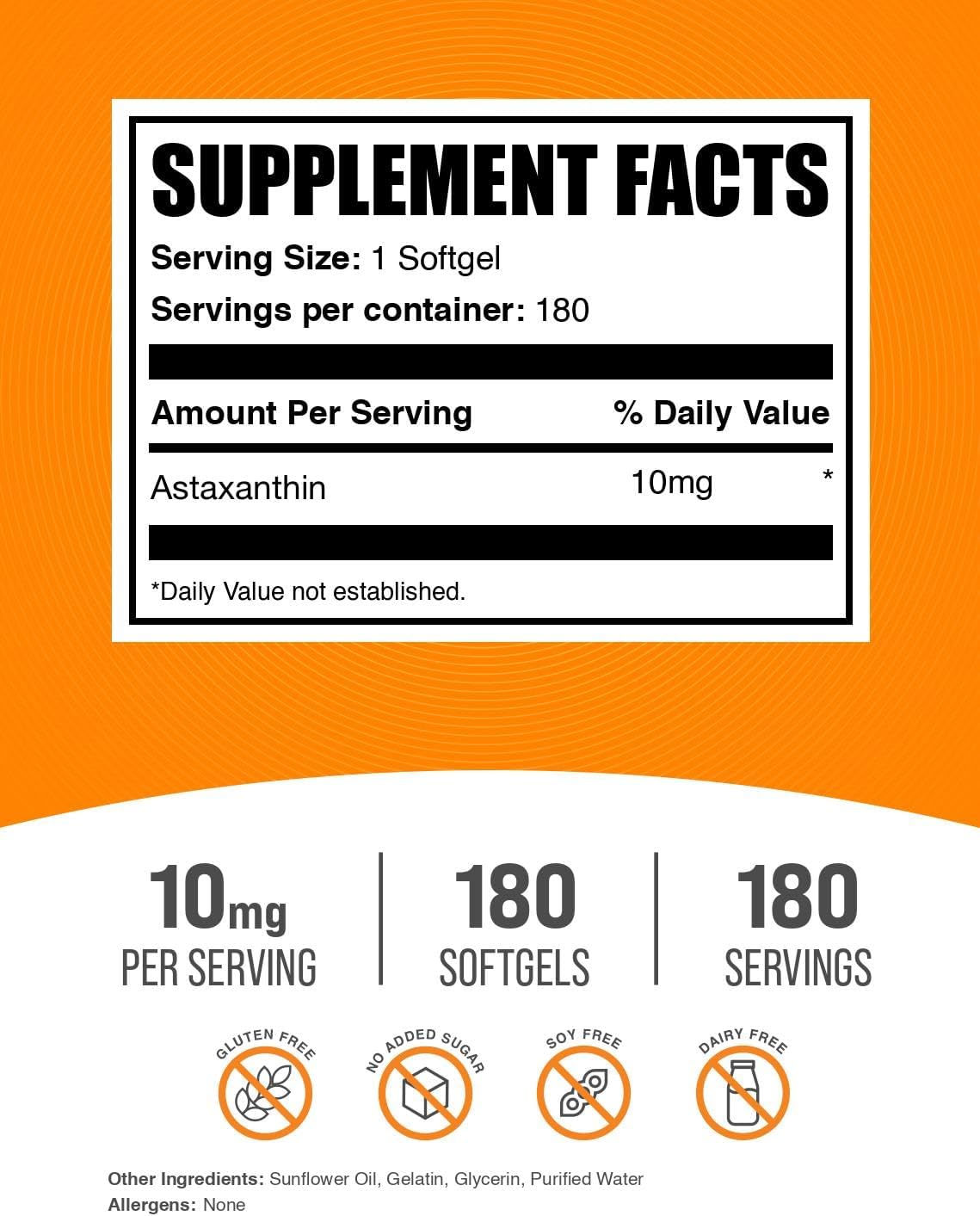 BulkSupplements.com Astaxanthin Softgels - Astaxanthin Supplements, Antioxidant Source - Gluten Free, 1 Softgel per Serving (10mg), 180 Count (Pack of 1)