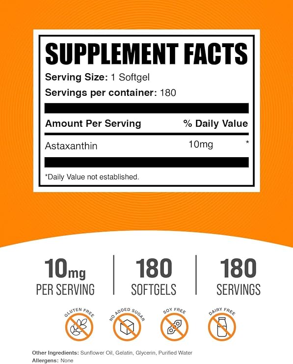 Astaxanthin Softgels - Astaxanthin Supplements, Antioxidant Source - Gluten Free, 1 Softgel per Serving (10mg), 180 Count (Pack of 1)