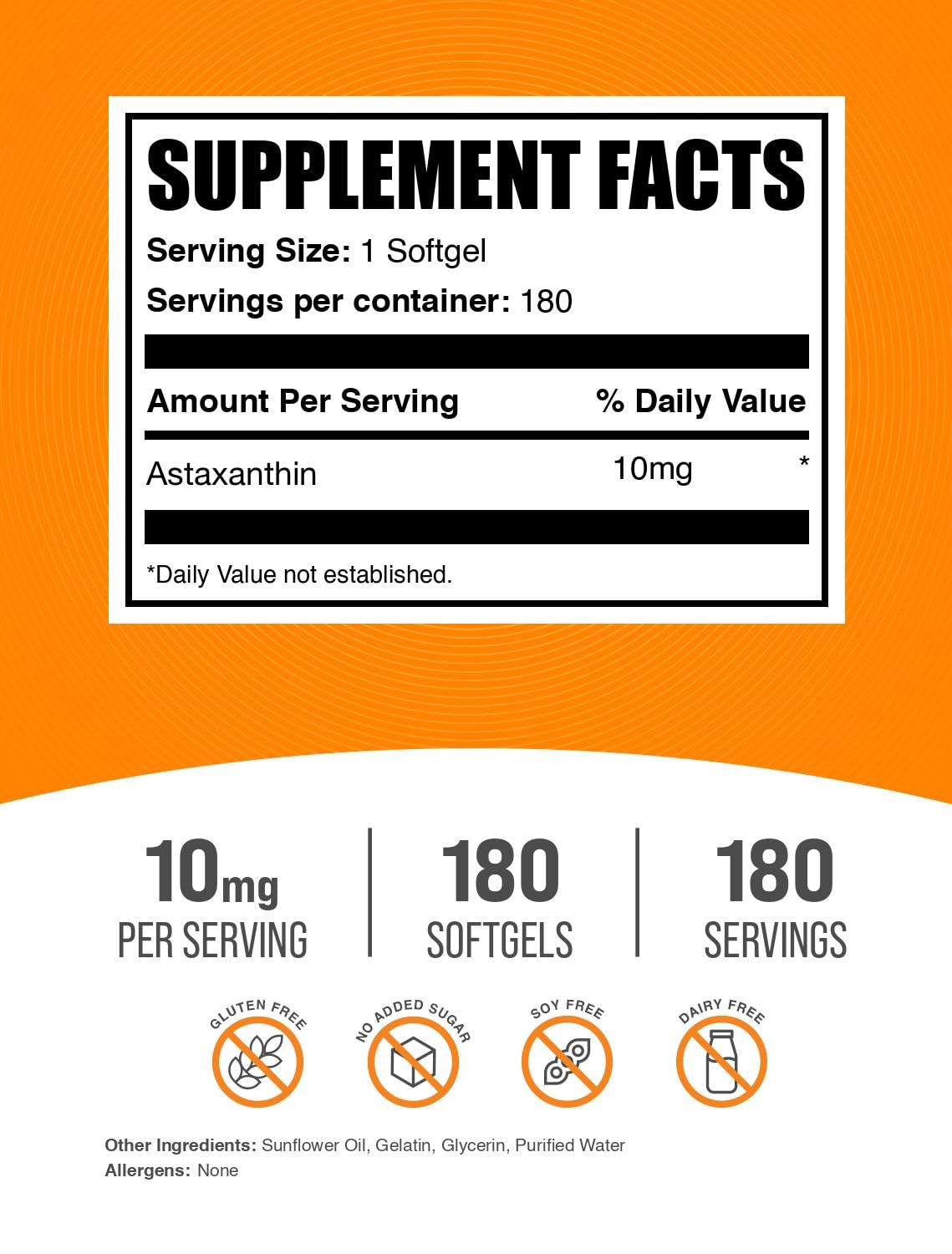 BulkSupplements.com Astaxanthin Softgels - Astaxanthin Supplements, Antioxidant Source - Gluten Free, 1 Softgel per Serving (10mg), 180 Count (Pack of 1) — Amazon image 2