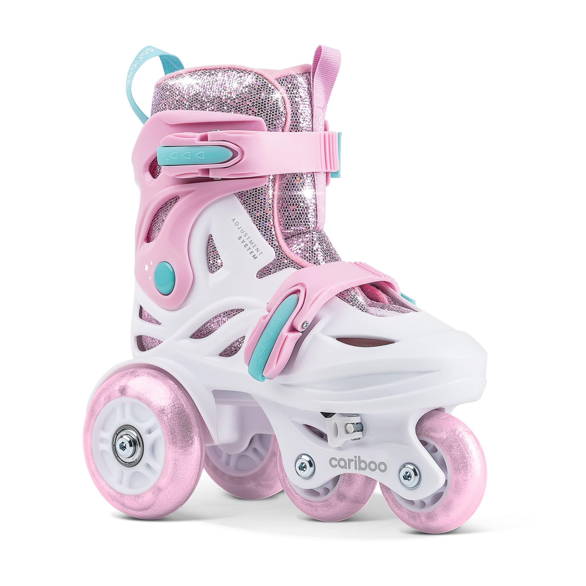 Cariboo Ballerina – Zestaw Rolki Regulowane + Ochraniacze (3-pack) Dla Dzieci, LED Kółka, Blokada Kołek, Bezpieczna Nauka, Brokatowy Design