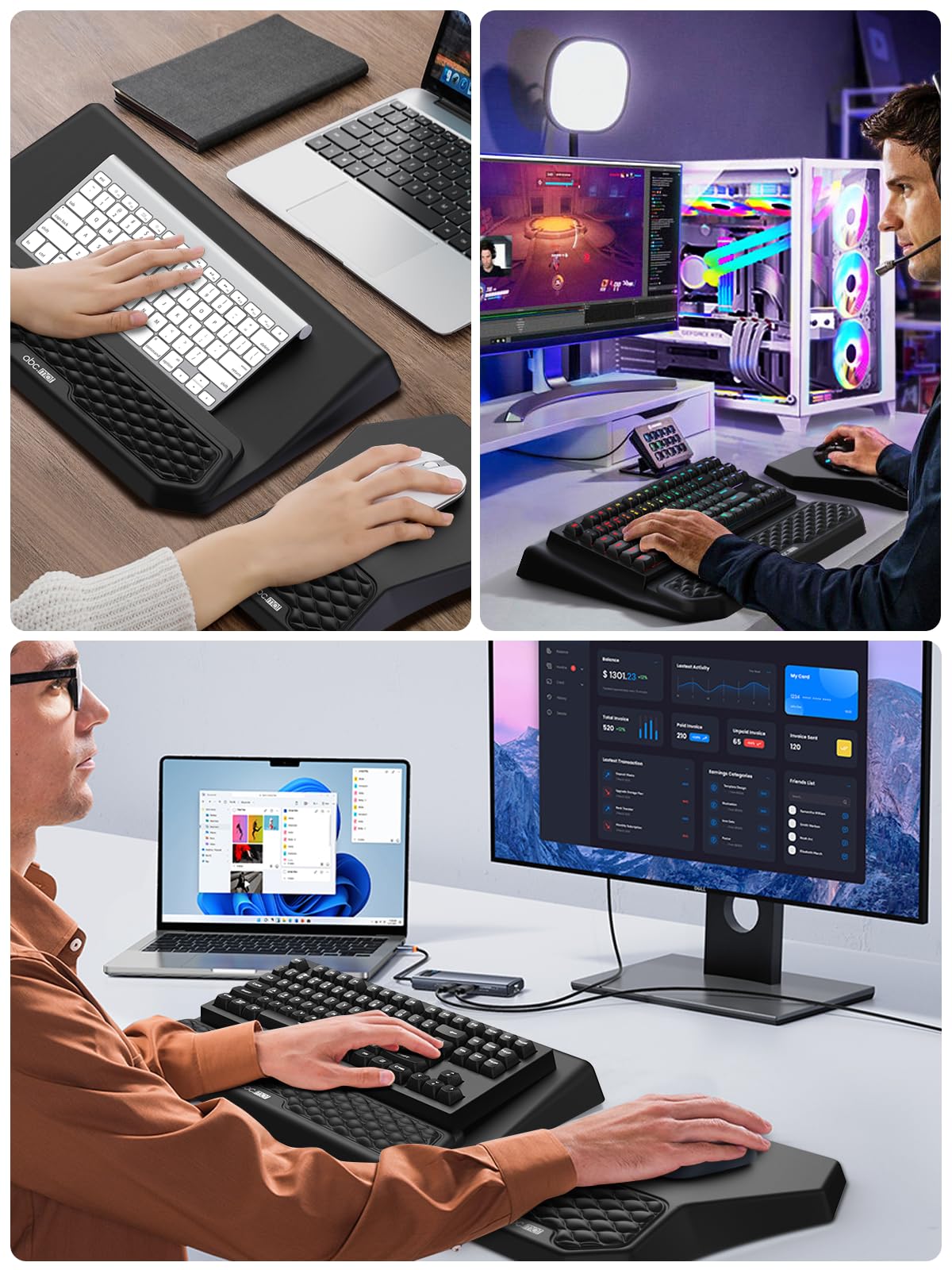 Supporto ergonomico 3 in 1 per tastiera con poggiapolsi e tappetino per mouse, comodo supporto per tastiera, morbido tappetino per mouse con design massaggiante, memory foam e base antiscivolo in PU