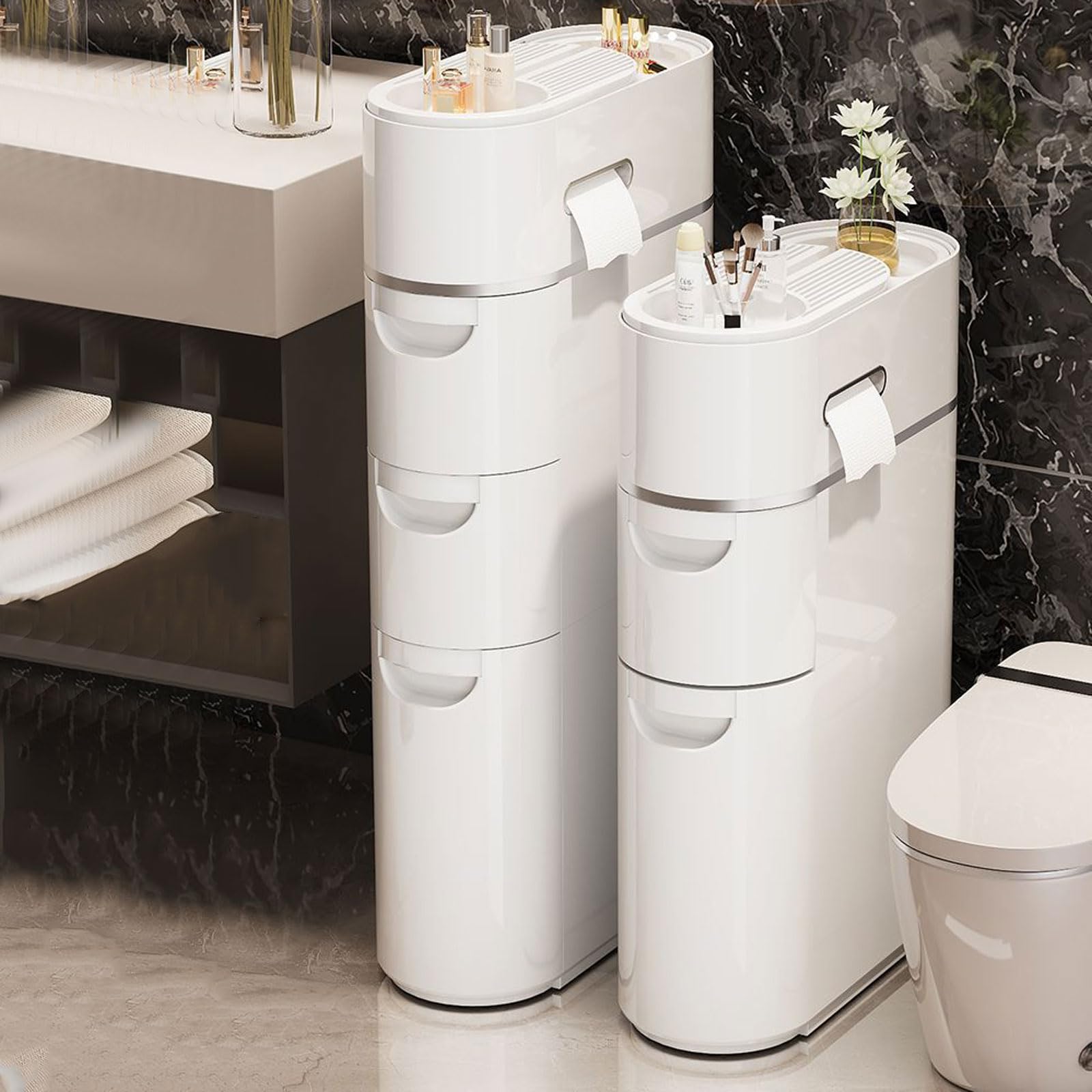 Gabinete de Piso de Baño Estrecho de 17 Cm con Ruedas Y Soporte para Papel Higiénico, Gabinete de Almacenamiento de Baño de Plástico Delgado de 2/3/4 Niveles con Cajones para Espacio