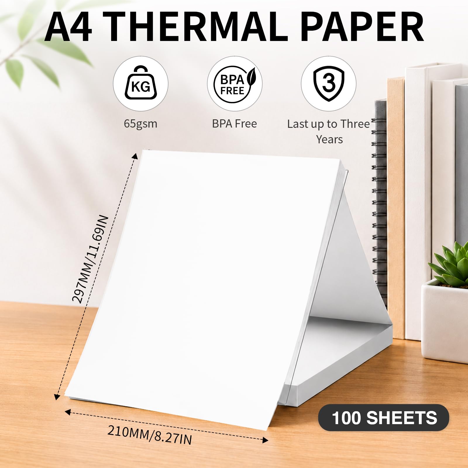 100 arkuszy papieru termicznego A4, 210 x 297 mm, papier A4, do drukarek termicznych 65 g/m², papier termiczny A4, kompatybilny z drukarkami termicznymi do podróży, domu, biura
