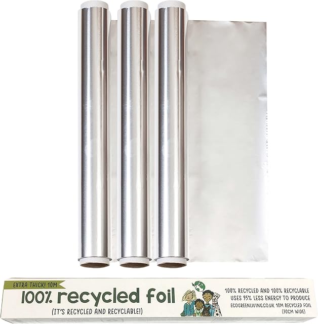 EcoGreenLiving Aluminium Foil 3 Rolls 30cm x 10m Made from 100% Recycled Material, Cooking Foil, Catering Foil + Cutting Edge, Durable Tin Foil for Your Kitchen & Food, Baking Foil for Your Oven.
