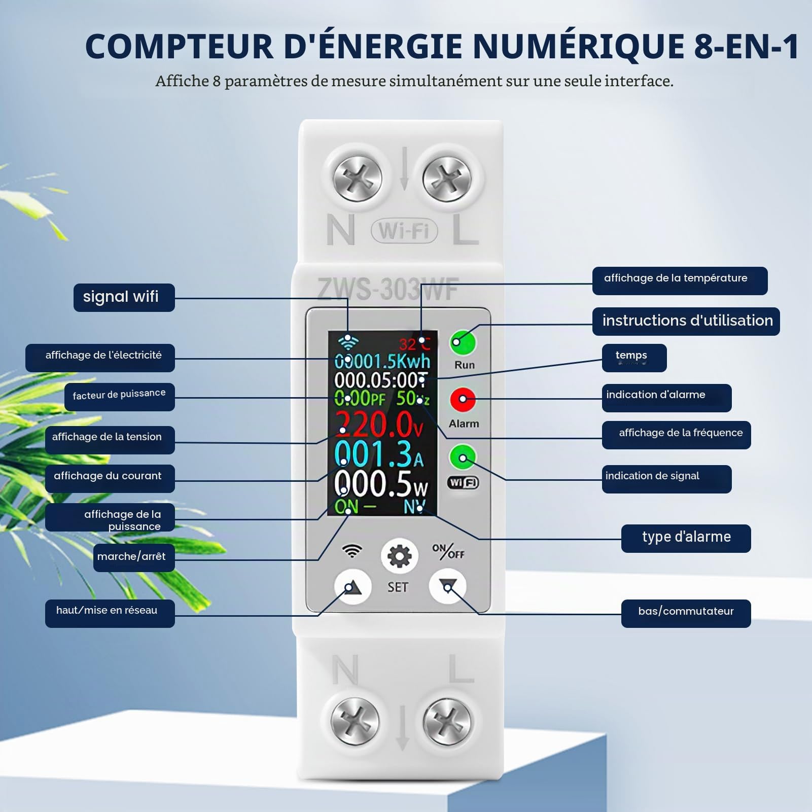 Compteur electrique connecté 63A TUYA compteur électrique wifi Intelligent compteurs d'énergie monophasé AC80-300V avec Protection contre les fuites de surcharge de surintensité ZWS-303WF
