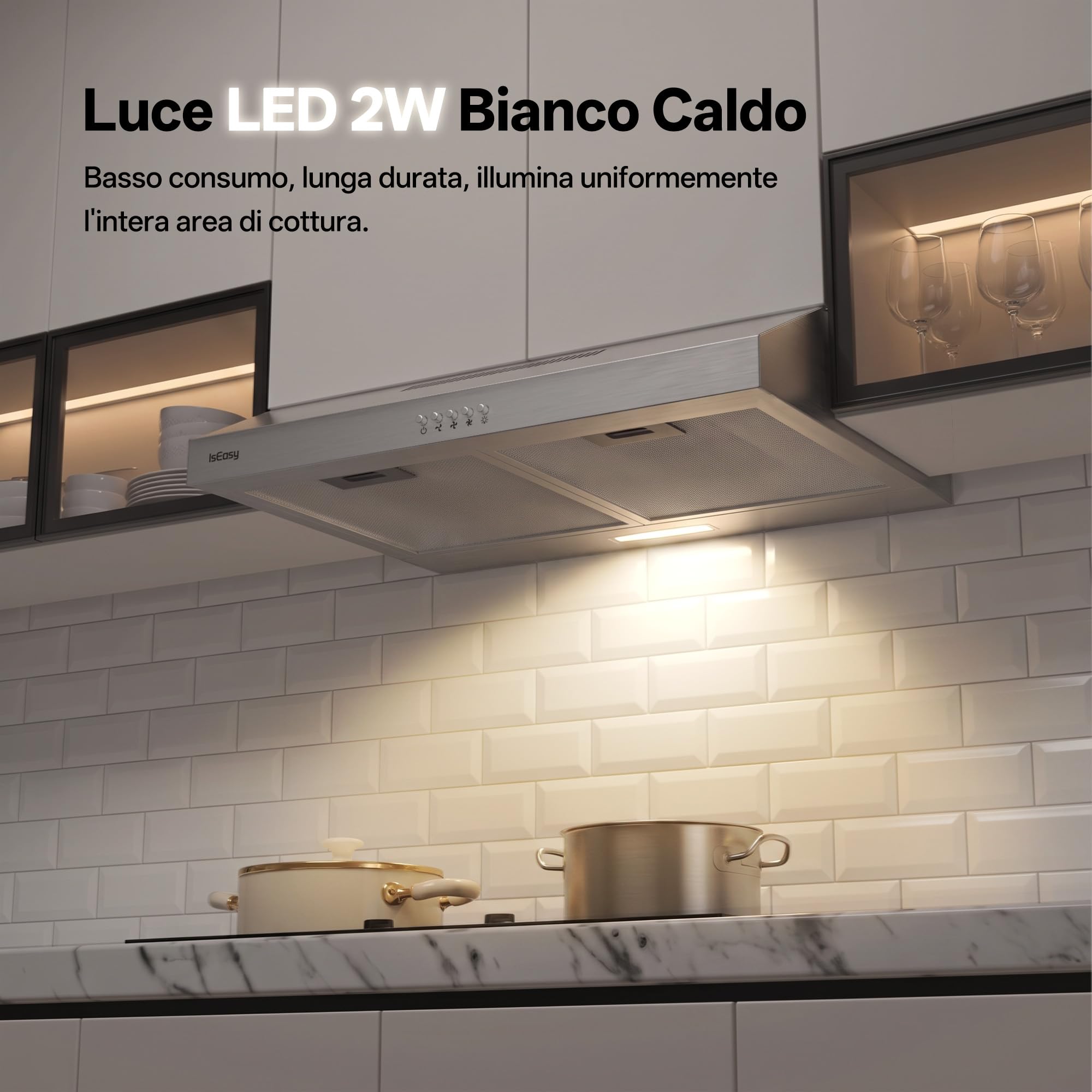 IsEasy Cappa Aspirante Sottopensile 60 cm A++ 250 m³/h, Cappa Integrata per Mobile Sottopensile, 3 Livelli, Ricircolo/Scarico, Lampada LED 2 W, Filtro Carbone X1, 60 dB, Acciaio Inossidabile Argento