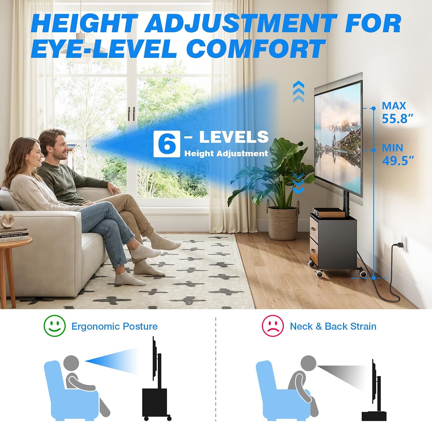 Diagram illustrating the 6-level height adjustment feature of the TV stand for ergonomic viewing.
