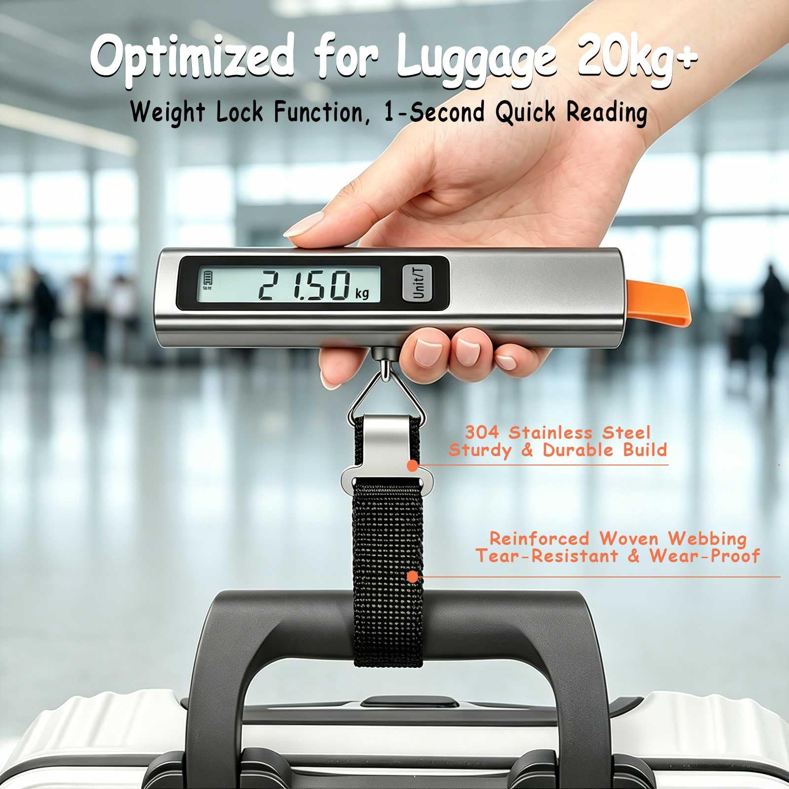 QL balance de valise pour voyage sans piles, 6 fonctions, Tara, conversion d'unités, verrouillage de poids, affichage LCD numérique, jusqu'à 110 lb/50 kg, balance de bagages pour valise adaptée aux