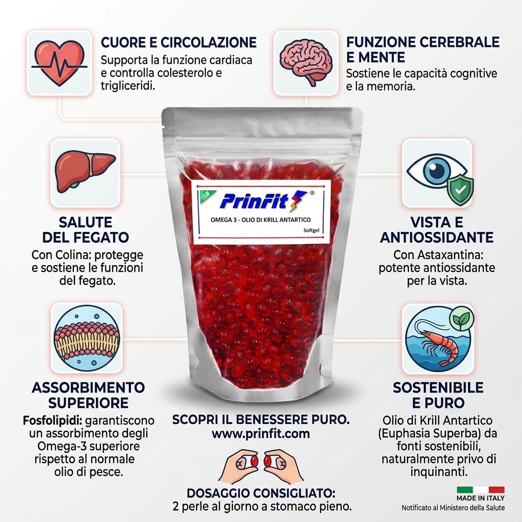 Olio di Krill Omega 3 Puro PrinFit - Ricco di Omega-3 EPA e DHA | Fonte di Fosfolipidi Marini e Astaxantina | Krill Oil 100% Naturale- Senza Retrogusto | 100 Capsule molli (softgels)