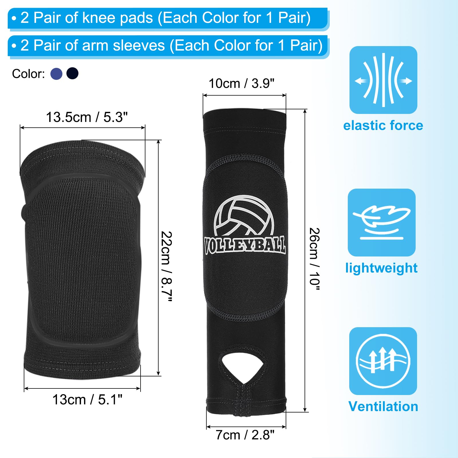 PATIKIL 4 Coppie Set Ginocchiere Maniche Pallavolo 13,5 Cm/13 Cm Nero Blu