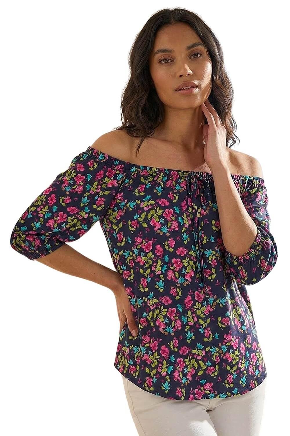 Roman Women's Floral Print Stretch Bardot Top in Navy | Size: 12