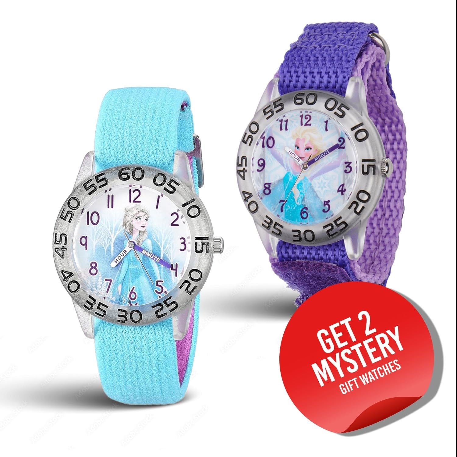 Disney Frozen 2-Pack Watch Set for Kids Ages 4–7 – Featuring Elsa Snow Queen Dial Designs – Clear Bezels with Blue and Purple Nylon Straps – GET 2 Mystery Bonus Watches - Image 2