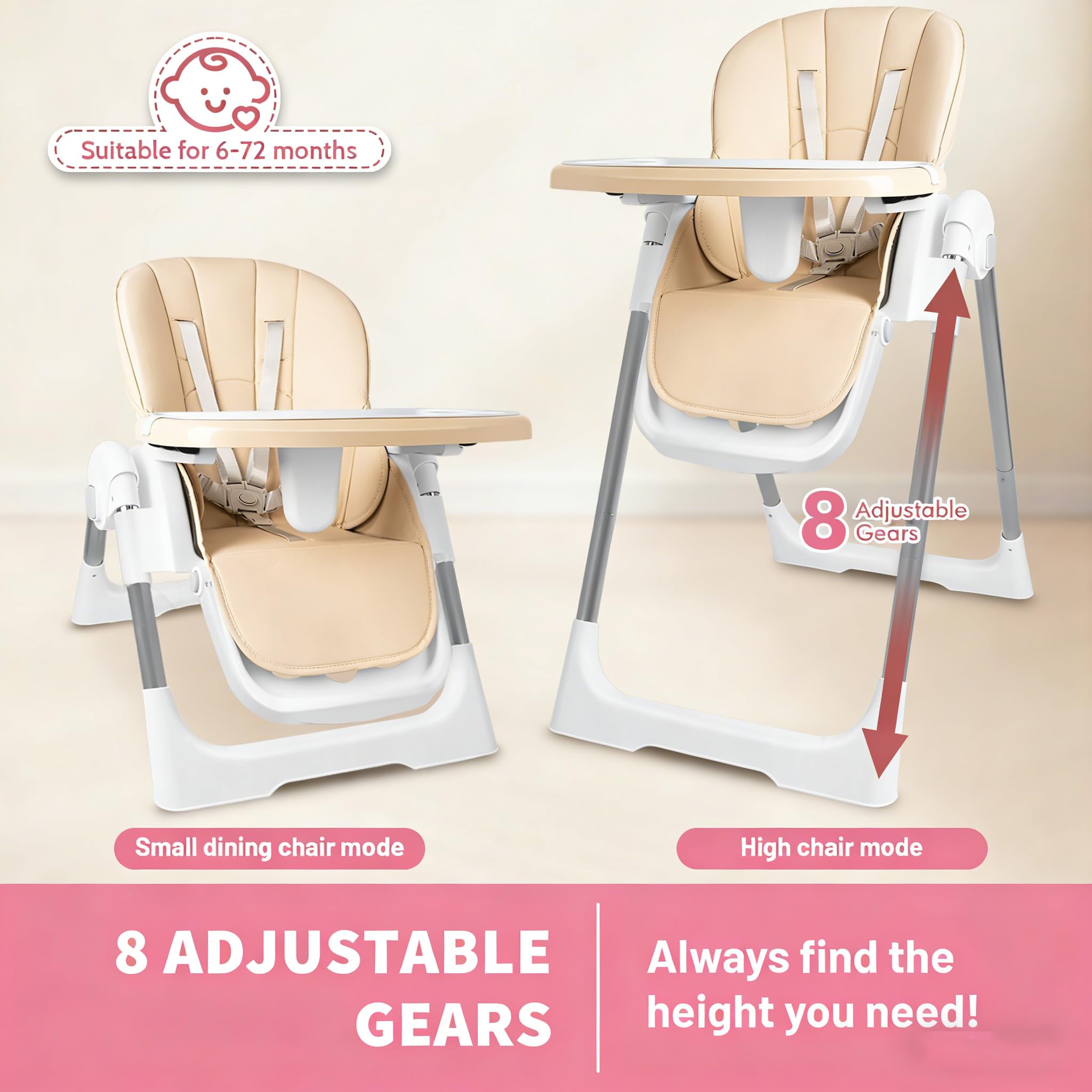 Chaise Bébé Pliante, Chaise Haute 4-en-1 Réglable en Hauteur, Siège Bébé avec Plateau Amovible, Roulettes & Harnais 5 Points, Chaise Haute Évolutive (Beige)