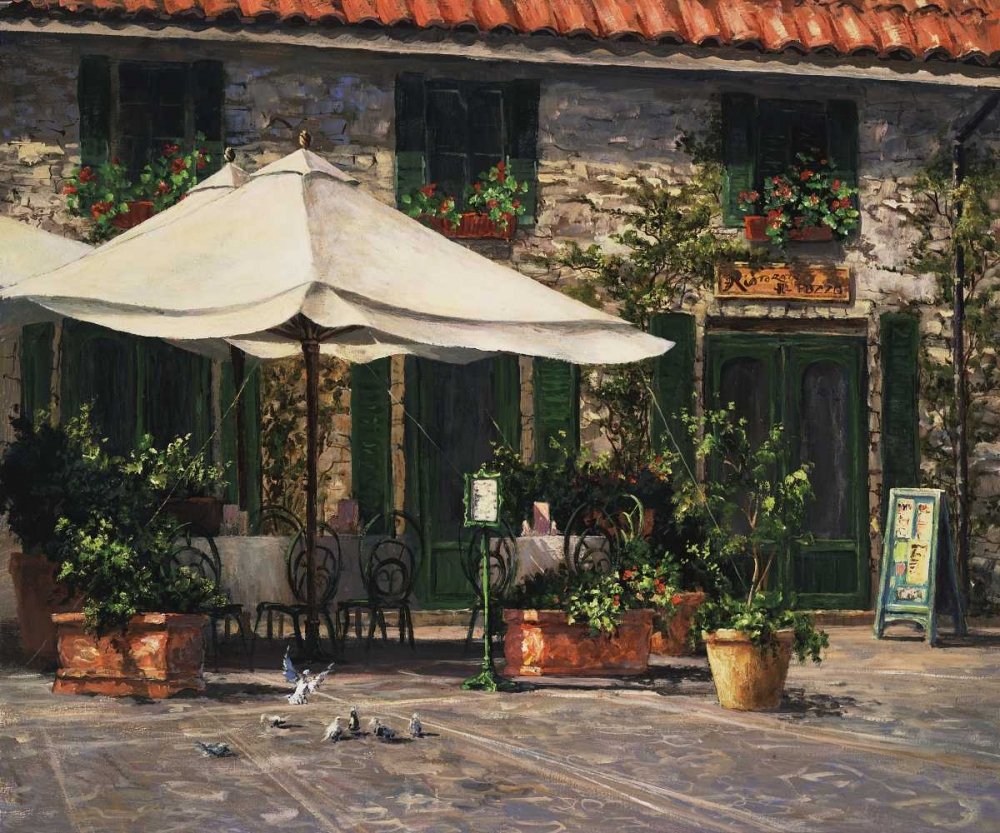 Feeling at home ART-CANVAS-stretched-on-WOODEN -BARS Ristorante Il Pozzo Fronckowiak Art - European horizontal image Cafes Europe Italy Landscapes Umbrellas Cityscapes Fine art 16_X_20_in