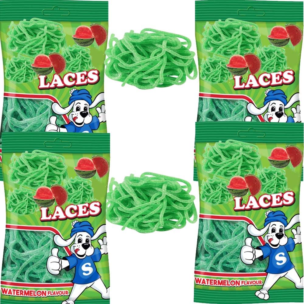 Christmas Sweets – Watermelon & Blue Raspberry Flavoured Laces – Soft & Chewy Fruit Laces – Perfect for Stocking Fillers, Snacking & Party Treats - SlP (12 x Pack, Laces Watermelon)
