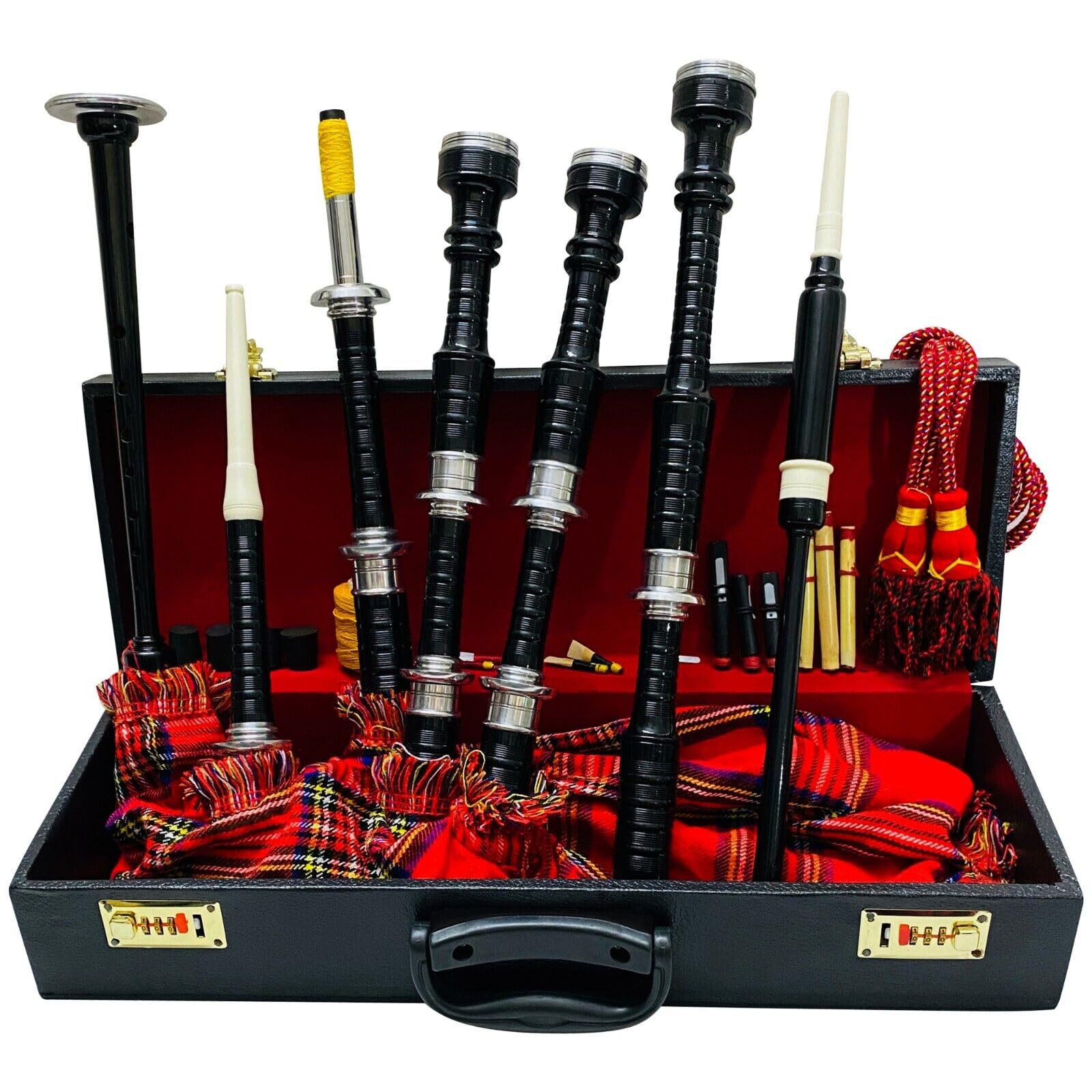 Full Size Great Highland Bagpipe Scottish Royal Stewart Tartan Cover with Wooden Carry Case