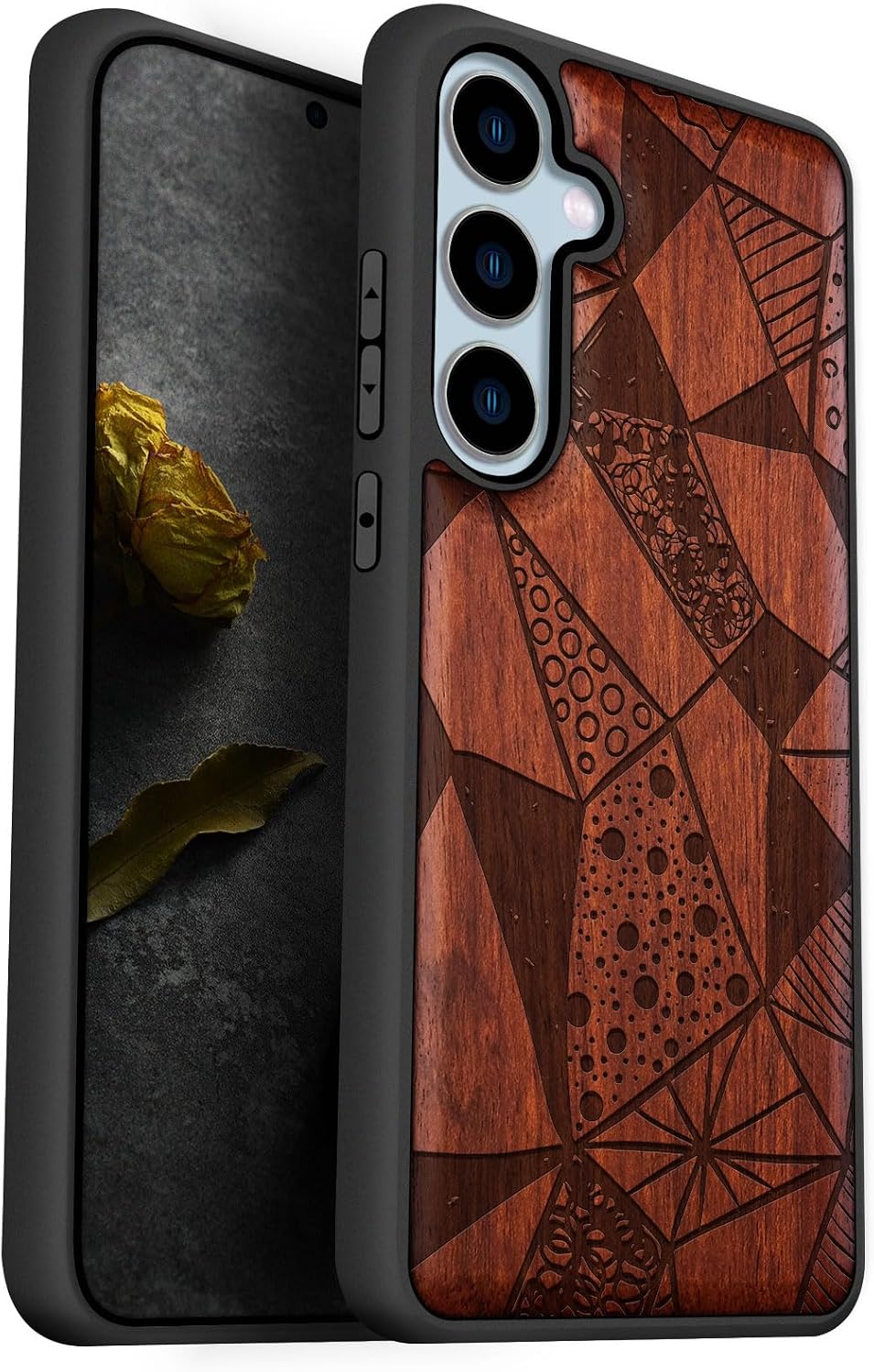 Carveit Wood Case for Galaxy S24 FE Case [Natural Wood & Black Soft TPU] Shockproof Protective Cover Unique Wooden Design Compatible with S24 FE (Whimsical Butterfly-Walnut)