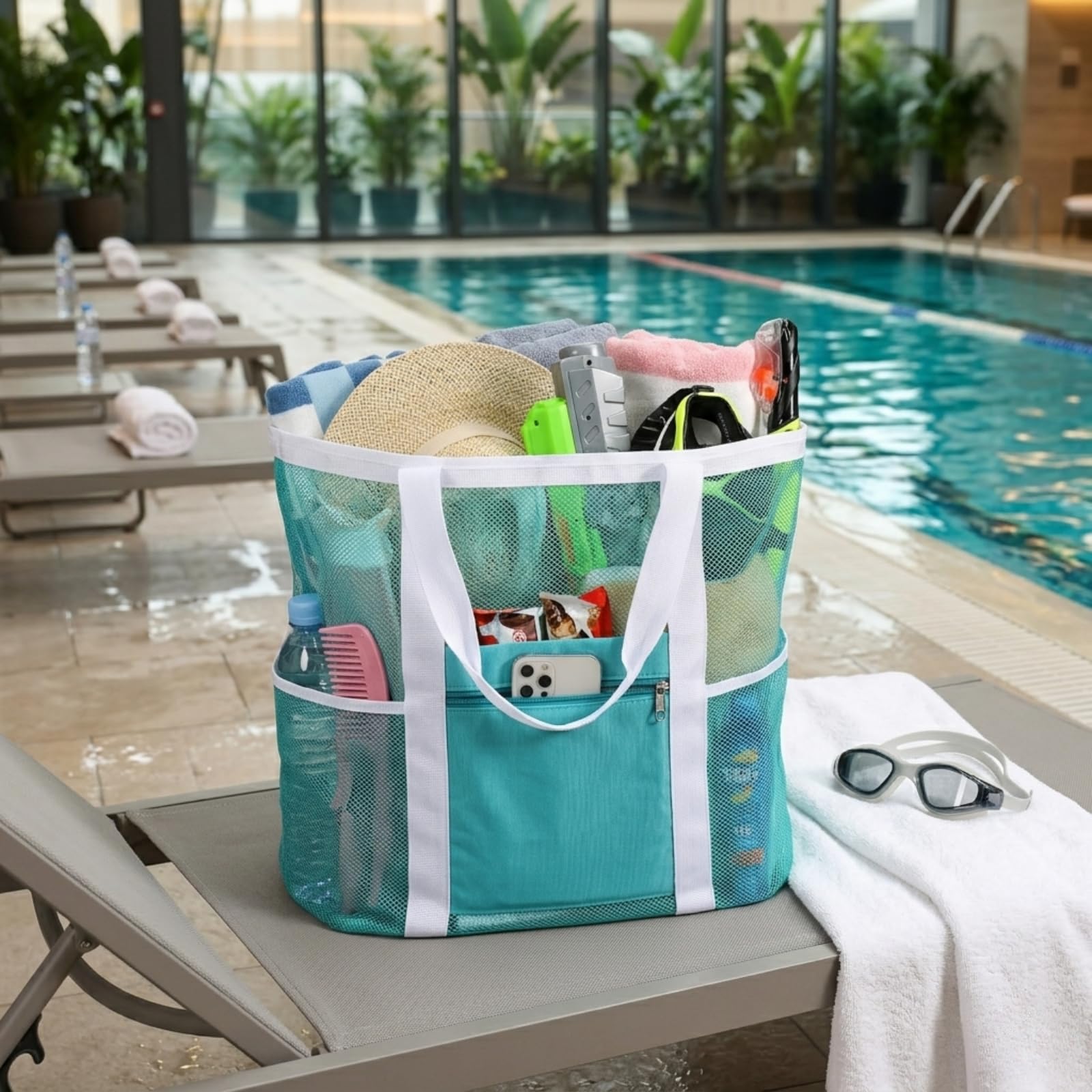 F-color Netz-Strandtasche Familie – große Tragetasche mit 9 Taschen für Schwimmbad, Spielzeug, Kreuzfahrt, Strand, Urlaub, Essentials, Minzgrüner Basisgriff, X-Large with Water-resistant Bottom