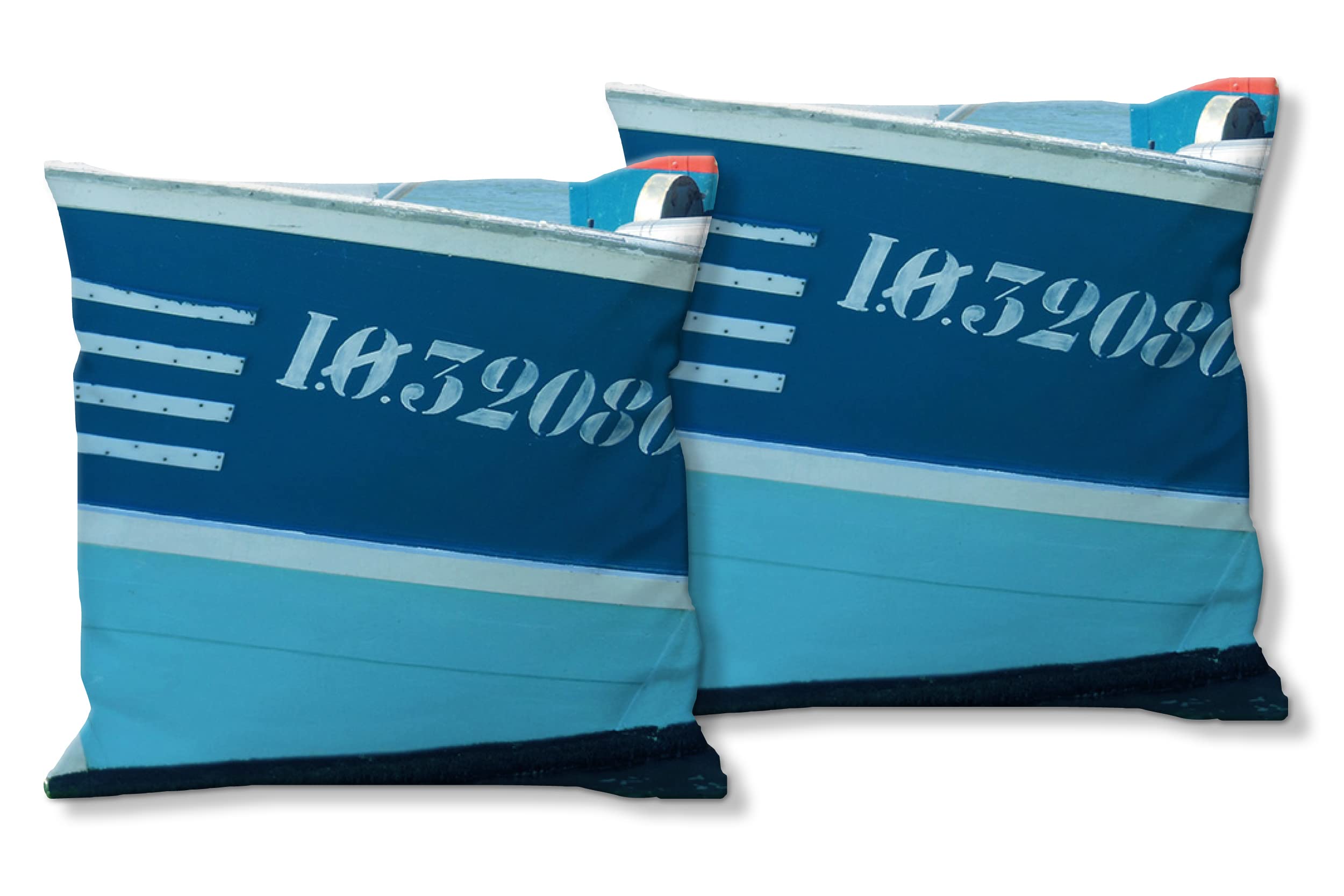 Schiff AHOI 8 - Foto-Kissen-Hülle Set (2 STK.) 40 x 40 cm | Kissen-Bezüge - passend zu Wandbild - Deko-Kissen - Holz-Boot Hafen Schiff Atlantik maritim