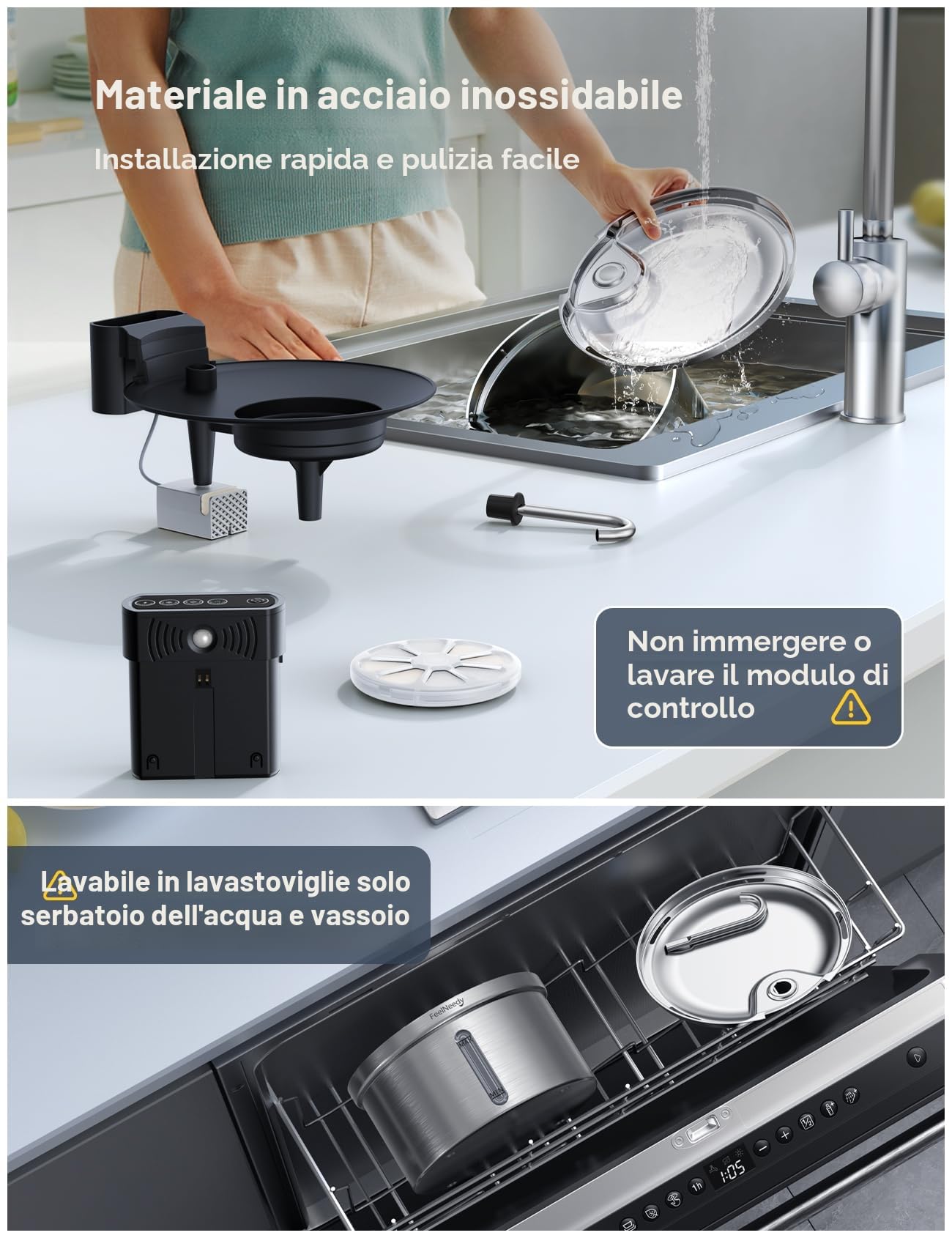 Fontanella per Gatti Senza Fili con Sensore [Separazione acqua e batteria] FEELNEEDY Distributore Automatico d'acqua in Acciaio Inox, Fontana a Batteria 4000mAh- 3.5L con 6 Set Filtri