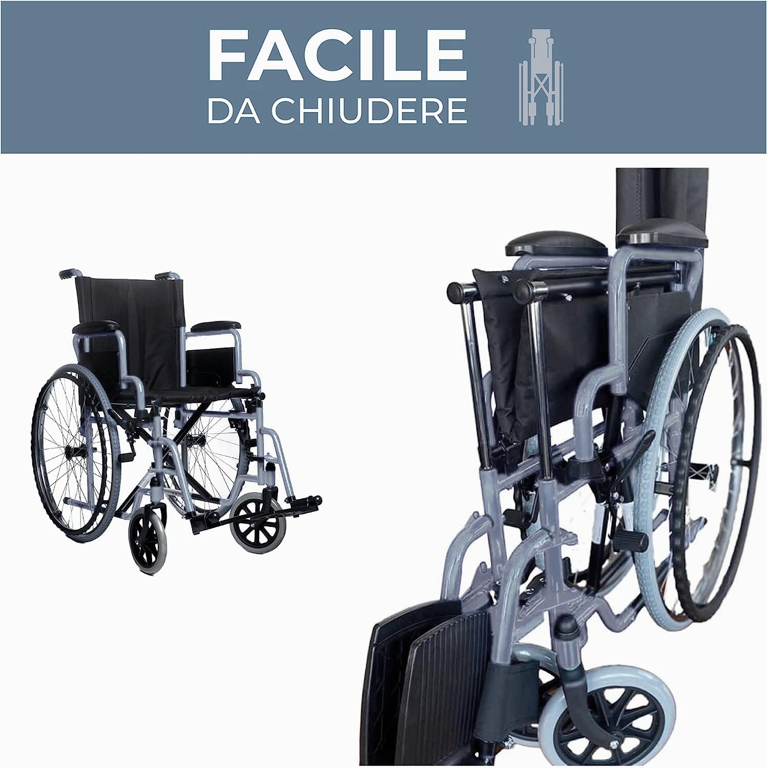 SPES Sedia a Rotelle Pieghevole in Acciaio per Anziani, Grigio, 43 cm | muoviti in autonomia in casa e fuori, robusta in acciaio, braccioli e poggiapiedi estraibili, pieghevole, 4 misure