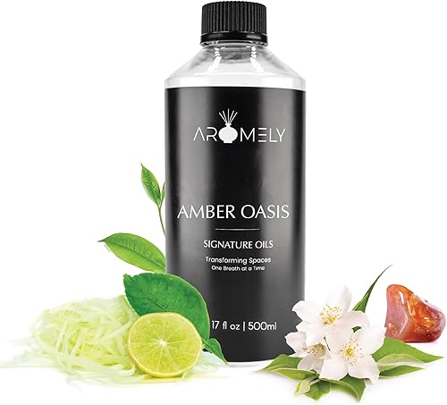 Aromely Aceite difusor Amber Oasis, una sofisticada mezcla de té verde, naranja, ralladura de limón, citronela, jazmín, lirio, ámbar y almizcle que