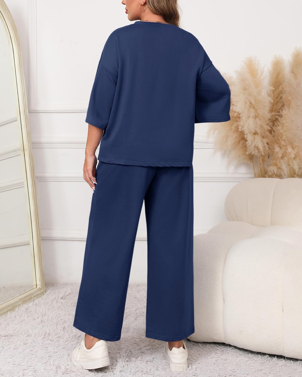 Beautife Womens Plus Size 2 Piece Outfits 3/4 Sleeve Tops and Wide Leg Pants Loungewear Pajamas Sets - Image 5