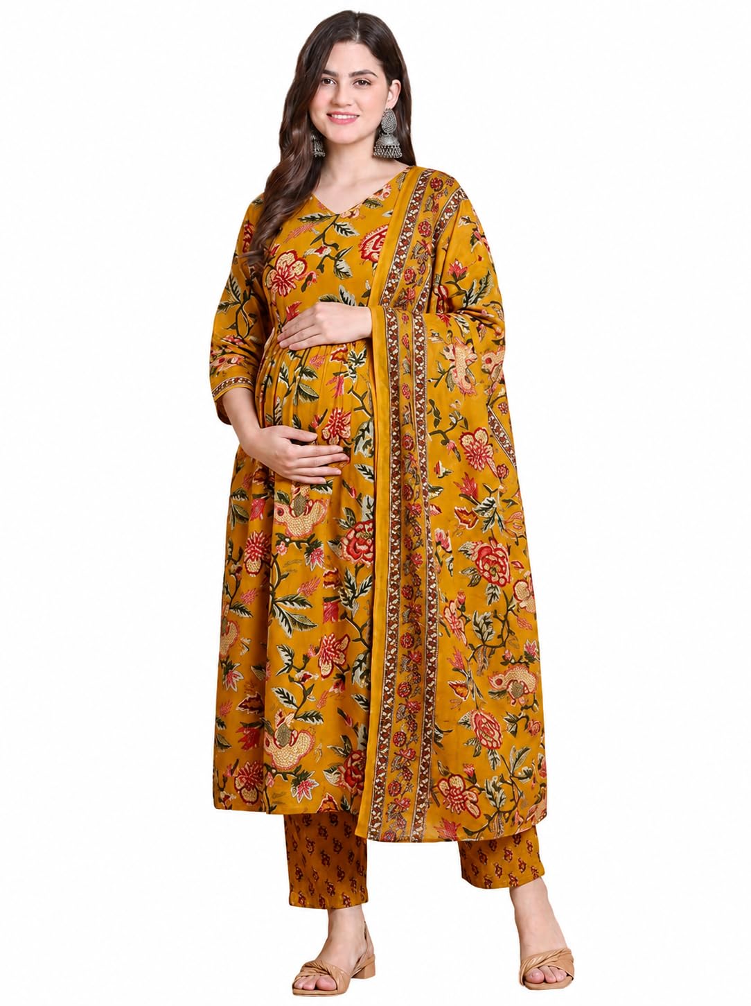ASSUME FAB Women Viscose Rayon Anarkali Maternity and Nursing Kurta Set with Dupatta - Floral and Geometric Pattern, 3/4 Sleeves, Comfortable Fit-image-6