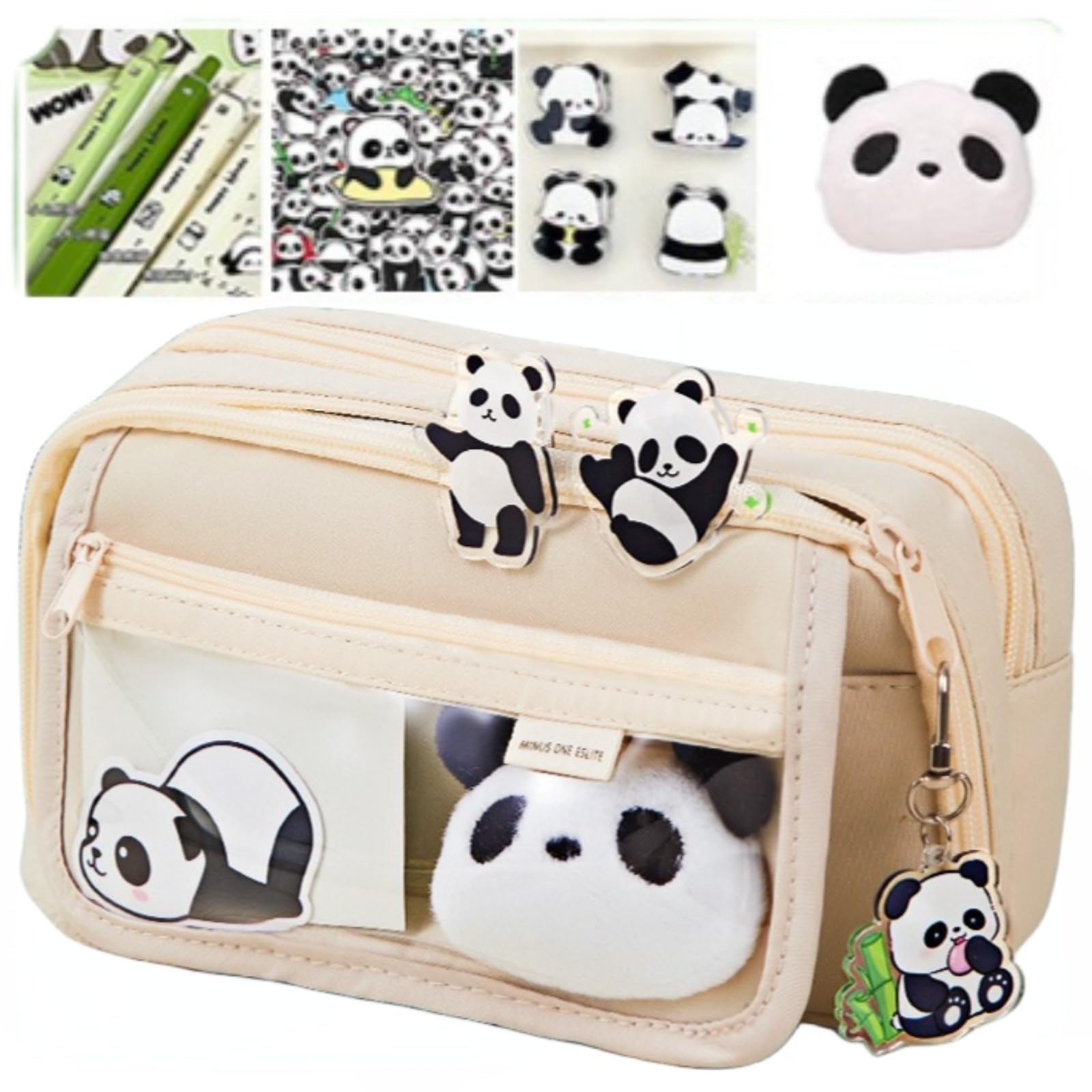 Ecqizer 10Pcs Cute Panda Pencil Case Large Capacity for Adults Aesthetic Pencil Case Kawaii Pencil Pouch Cute With Zipper Preppy Pen Bag With Gel Ink Pens, Clips, Stickers, Pin (Beige)