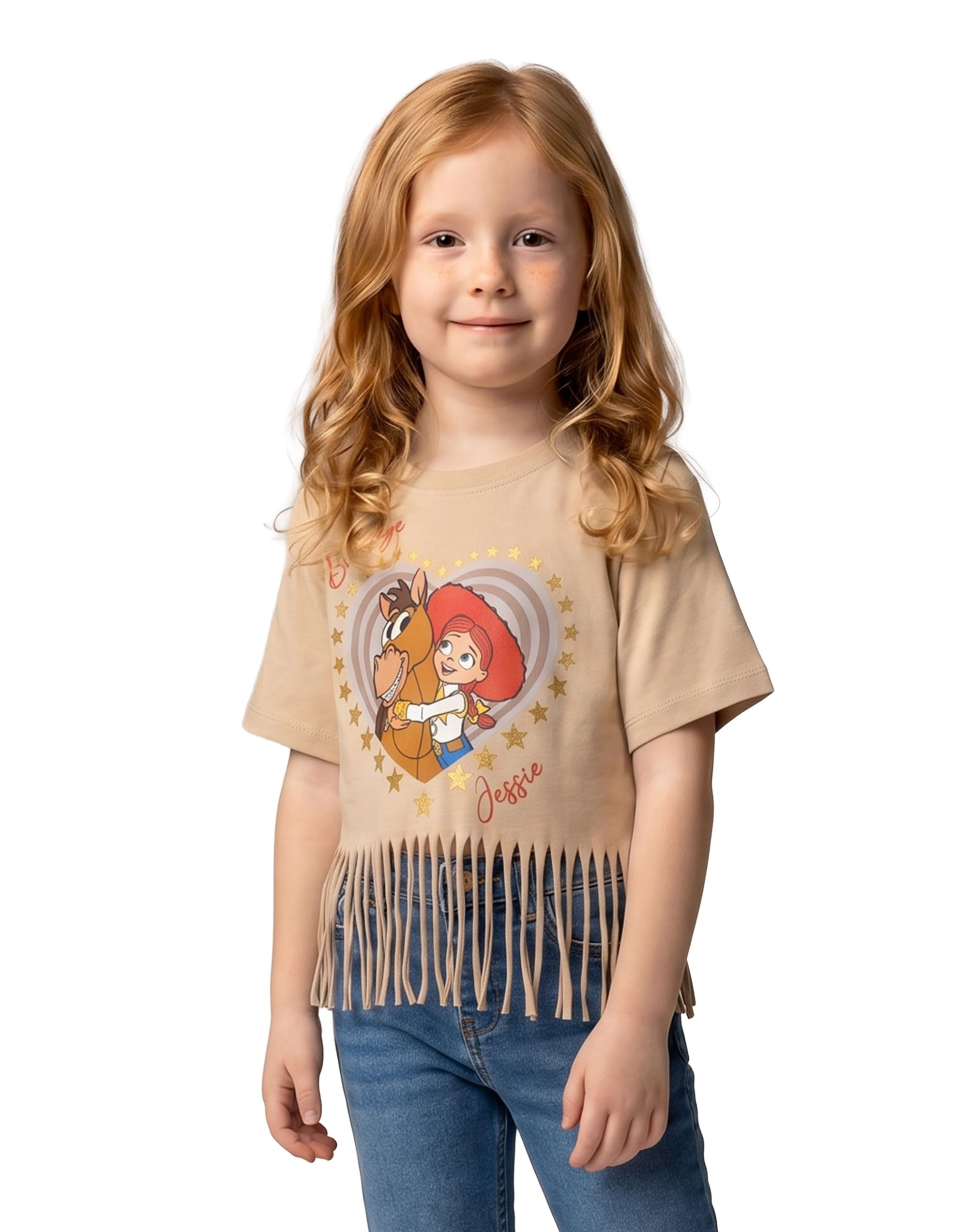 Disney Toy Story Girls Beige Graphic T-Shirt | Jessie & Bullseye Character Print | Crew Neck Short Sleeve Top with Fringe Hem & Star Pattern | Kids Everyday Wear Tee Merch - 4-5 Years