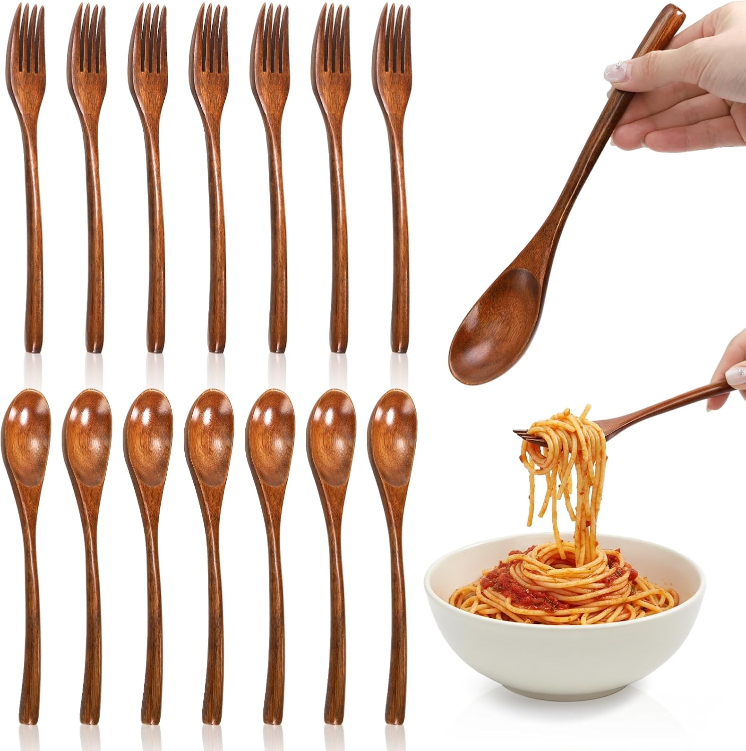 16 Pcs 9" Wooden Spoons Forks Set, Wood Dinner Utensil Set for Eating, Kitchen Reusable Flatware Tableware, Natural Cutlery Include 8 Spoons and 8 Forks, for Cooking Home Restaurant, Brown