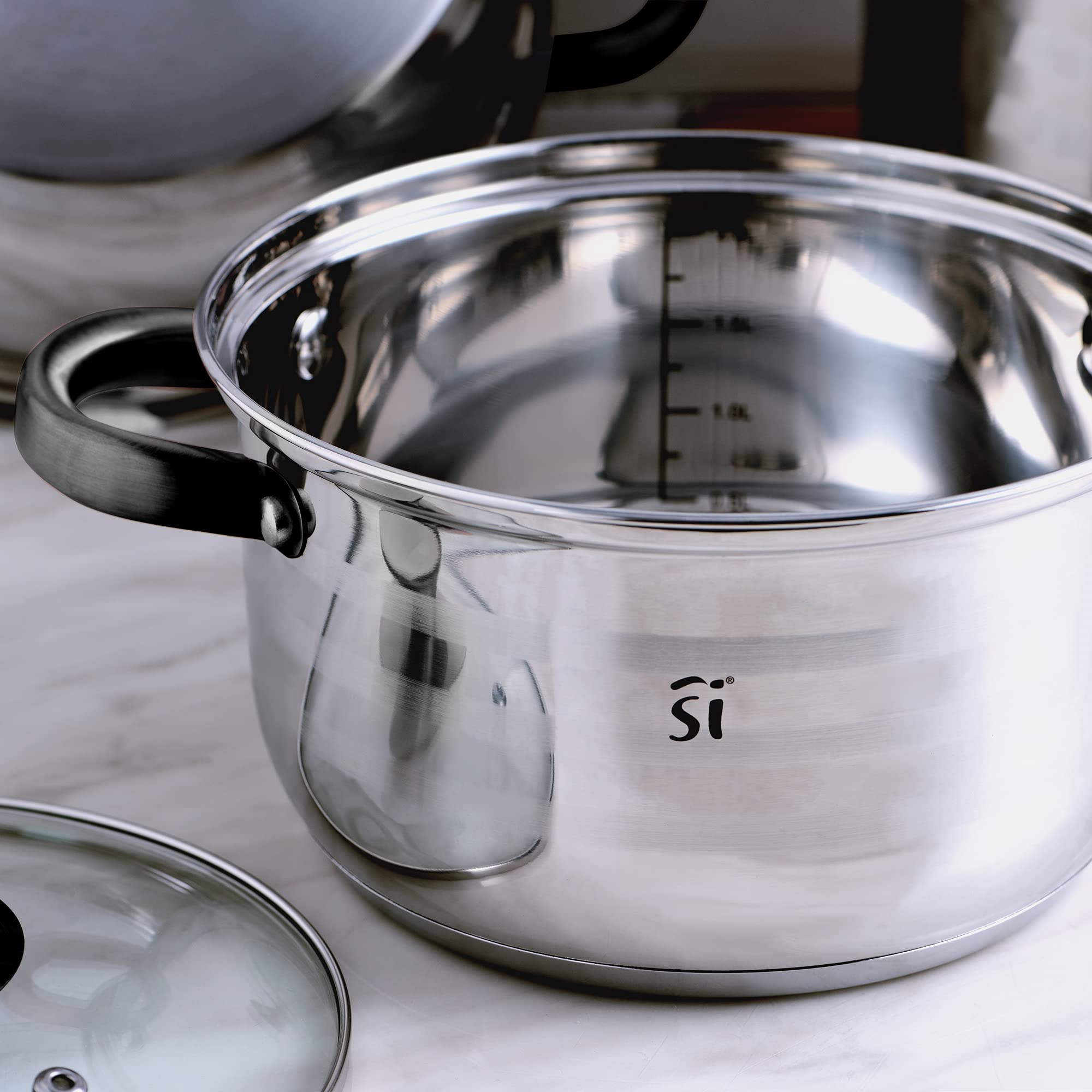 San Ignacio Premium Dina - Bateria de cocina de 4 piezas, acero inoxidable, 1.9L-2.7L-3.5L-5.1L, apta para todo tipo de cocinas incluido inducción, Gris, Pack 8 pcs