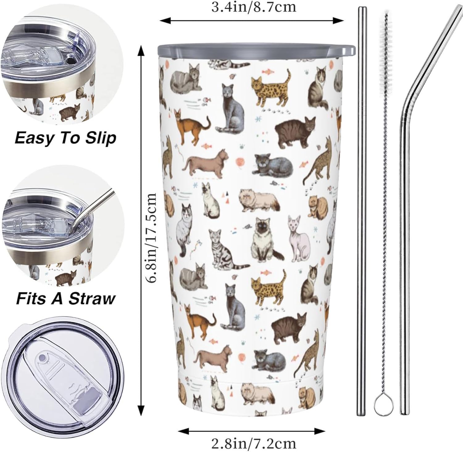 Cat Tumbler 20 OZ with Lid and Straw, Insulated Tumbler Cup Mug, Cat Gifts for Men Women - Image 4