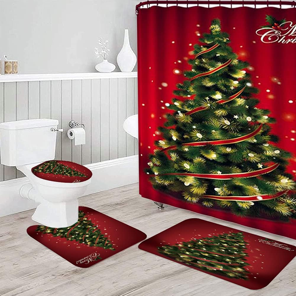 4 Pcs Merry Christmas Shower Curtain Sets with Non-Slip Rug, Toilet Lid Cover and Bath Mat, Santa Claus Shower Curtain with 12 Hooks Christmas Bathroom Decor USA Shipping (Christmas Tree-2)