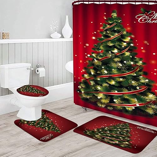 Miniatura 99 de Juego de 4 cortinas de ducha con alfombra antideslizante, cubierta para tapa de inodoro y tapete de baño, cortina de ducha de Papá Noel con 12 Papá