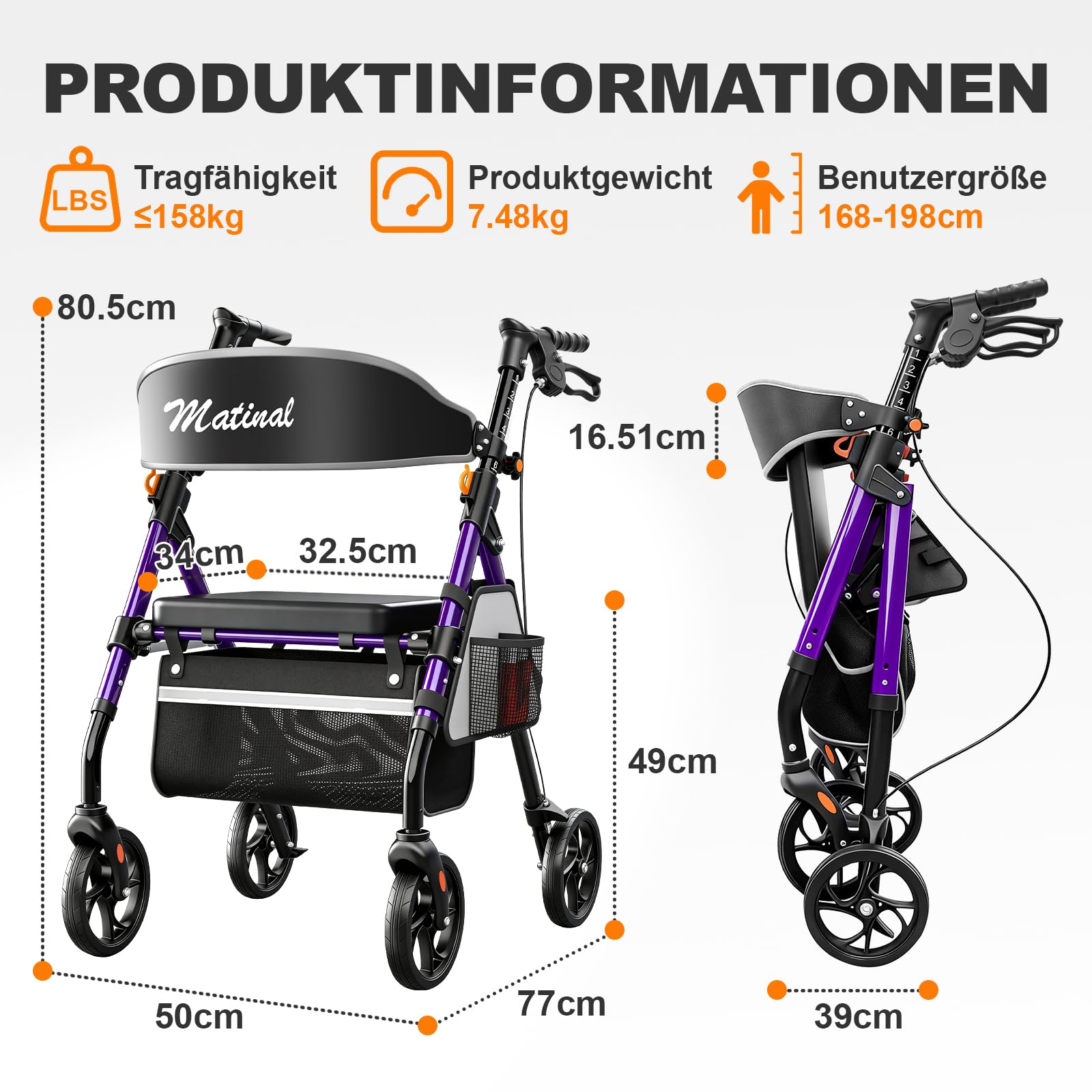 Andadores ligeros y plegables con asiento para personas mayores, capacidad de carga de 158 kg, ruedas de 20 cm, asiento grande de 45 cm, 6 posiciones de altura, marco de aluminio ultraligero