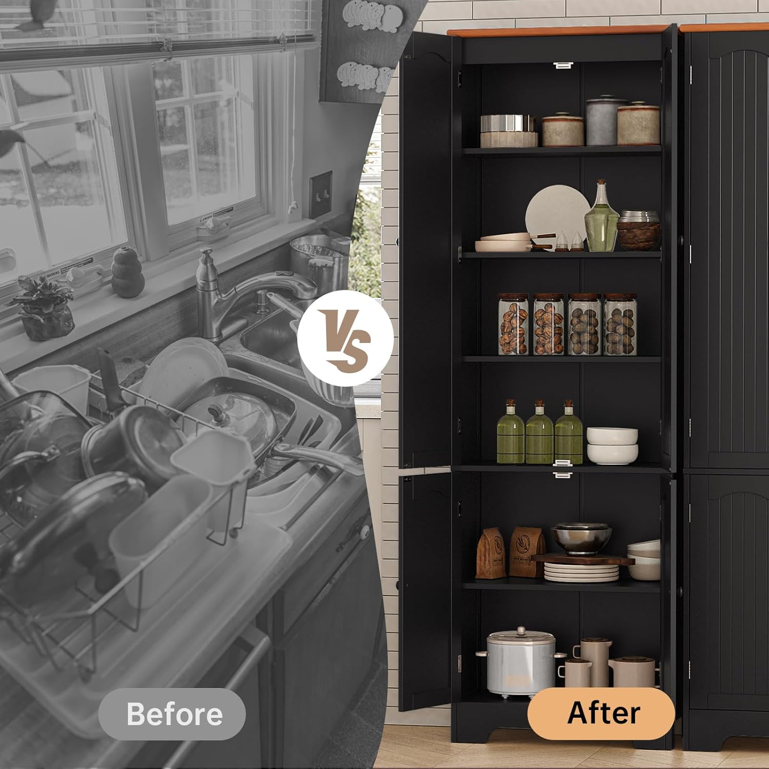 72.2'' Pantry - 4 Door Kitchen Cabinet with Adjustable Shelves,Black Freestanding Cupboard, Tall Storage Cabinets for Bathroom,Dining Room, Living Room, Laundry, Entryway