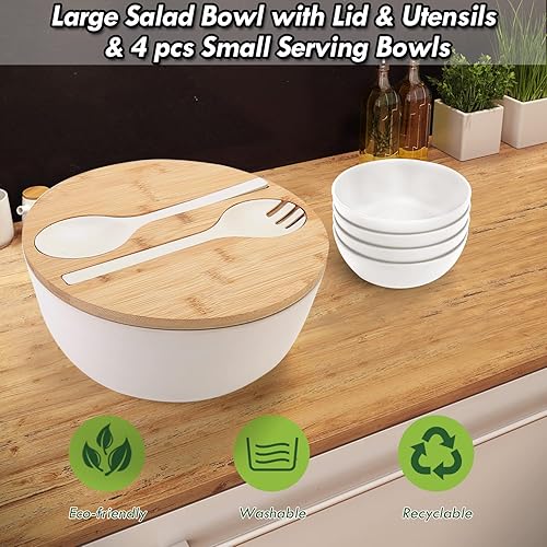Miniatura 2 de ShineMe Juego de ensaladeras grandes de 9.8 pulgadas con tapa, cuenco de bambú para servir ensalada con 4 cuencos pequeños y servidores (tenedor y