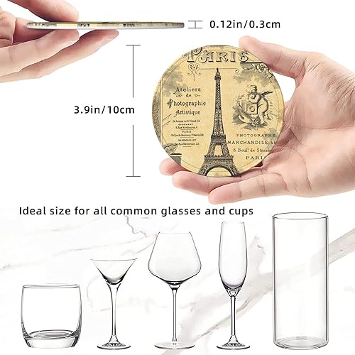 Miniatura 5 de Juego de 6 posavasos de cuero antideslizante con diseño de la Torre Eiffel con borde vintage, perfectos para taza de café de vidrio de tamaño común
